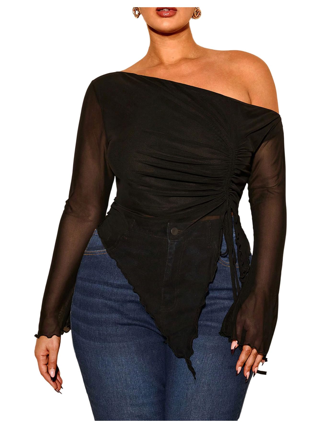 Women's Plus Size Sheer Mesh Off Shoulder Tops Long Sleeve Drawstring Asymmetrical Hem Ruched T Shirt