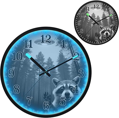 JUNZAN Luminous Voice-Activated Decor Wall Clock 12 Inch Retro UFO Forests Selfie Silent Non-Ticking Battery Operated Wallclock Decorative for