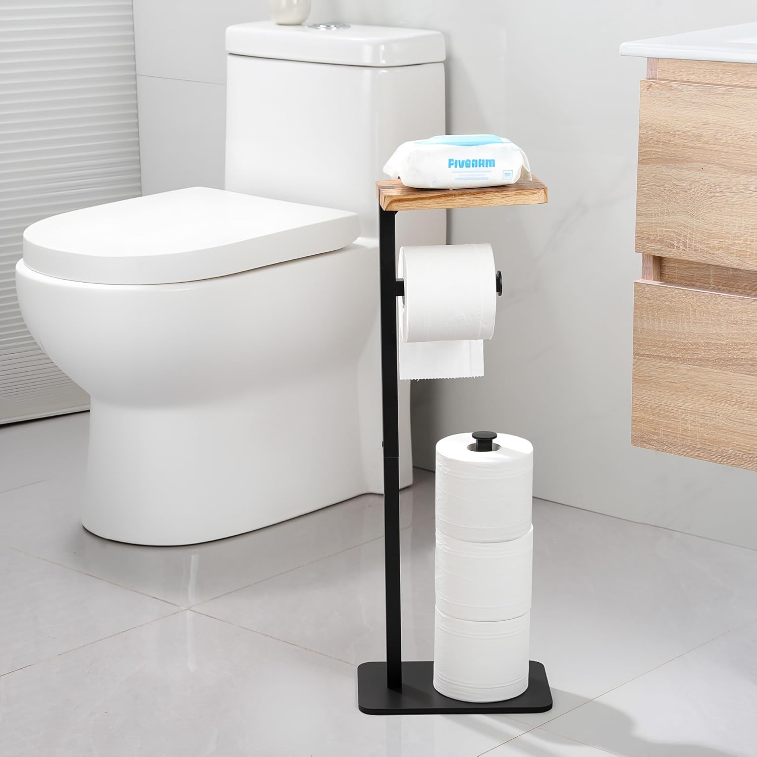 YIGII Toilet Roll Holder Stand with Shelf-Rustproof Metal Toilet Paper Stand for 3 Rolls with Anti-Slip Base and Wood Shelf for Phone or Small Items, Bathroom Organizer and Storage, Black