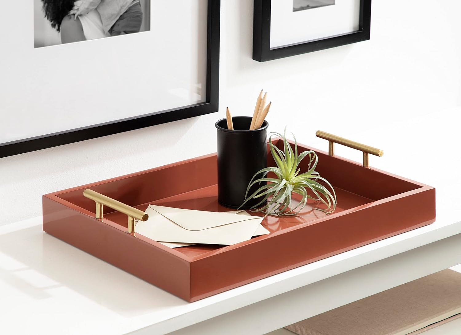Kate and Laurel Lipton Decorative Modern Rectangular Tray; 16.5 x 12.25; Red and Gold; Chic Serving Tray for Storage; Organization; and Display