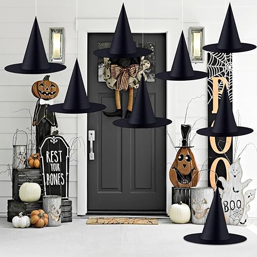 ZeeDix Sombreros de bruja negros de Halloween con cuerda de 98 pies para colgar, accesorio de disfraz de bruja para decoración de fiesta de Halloween