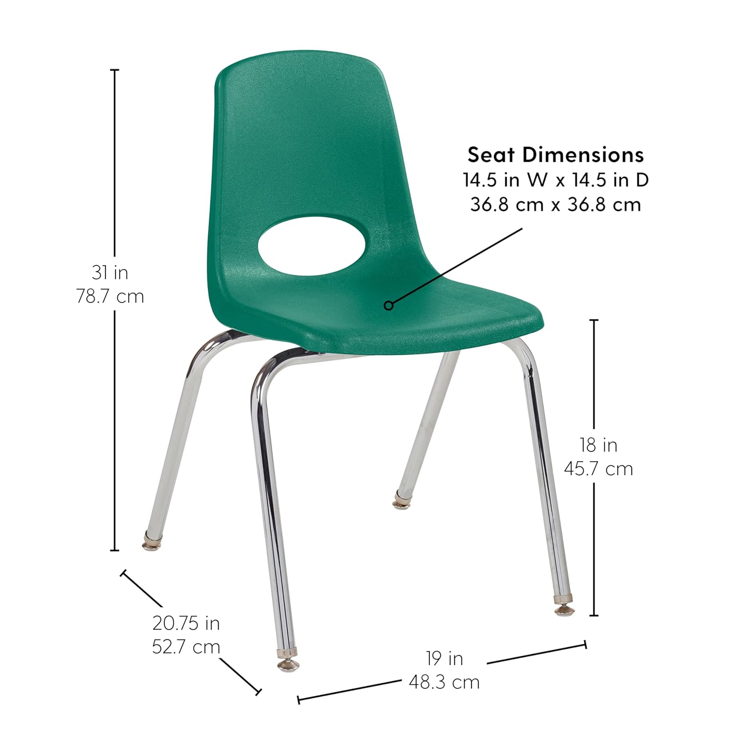 FDP 18" School Stack Chair,Stacking Student Seat with Chromed Steel Legs and Nylon Swivel Glides For In-Home Learning, Classroom or Office - Green (5-Pack), 10371-GN