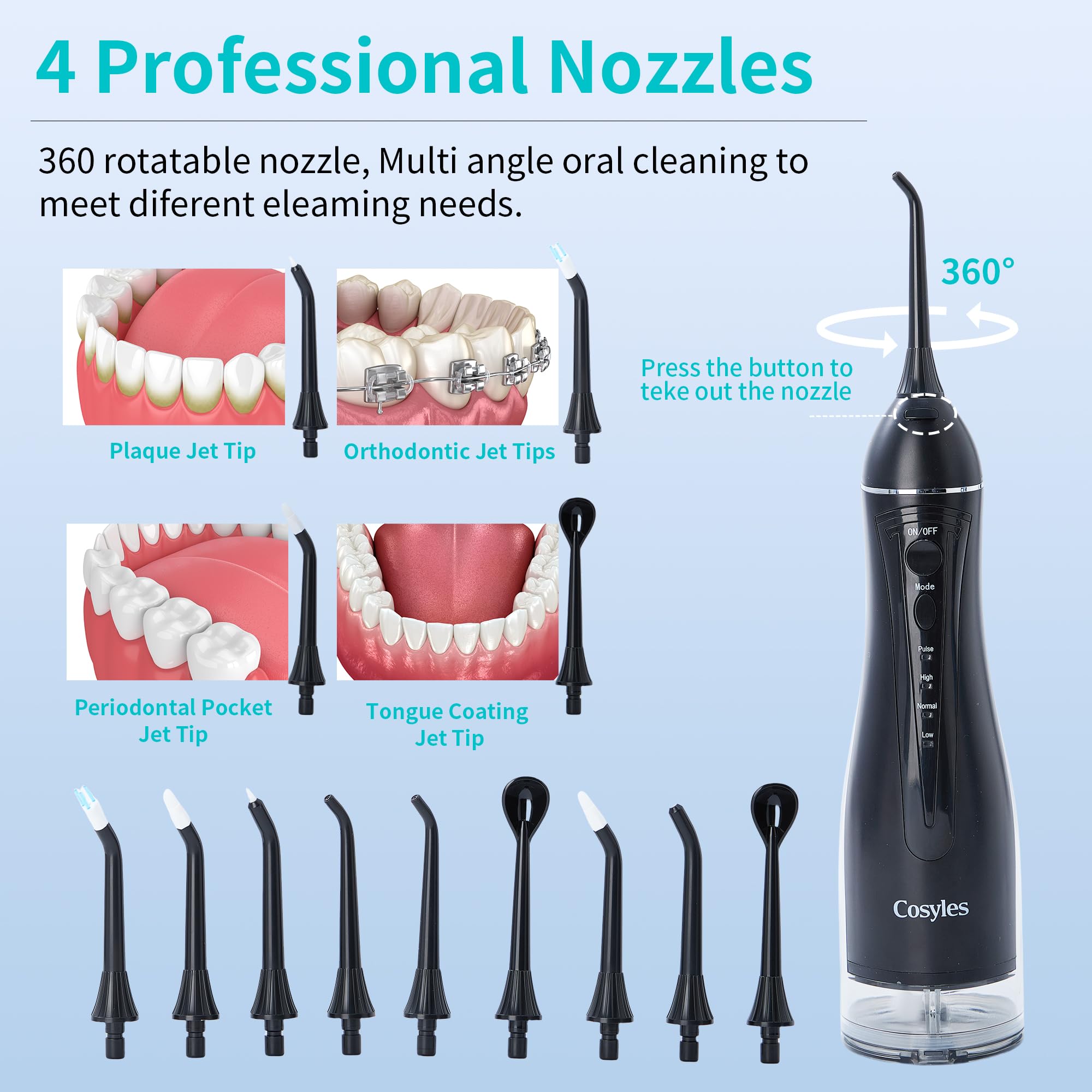Cosyles Water Dental Flosser -Teeth Pick -With 9 Nozzels, 4 Modes, 300ML Tank - Oral Irrigator –IPX7 Waterproof Electric Water Flosser for Tonsil Stone, Teeth Cleaning, Travel-Friendly, Plaque Remove,
