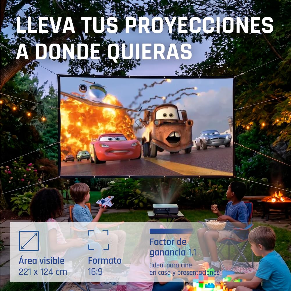 iggual - Pantalla de Proyección 100" Pulgadas- Tela Plegable- Antiarrugas- Formato Panorámico 16:9- Ángulo de visión 120º- Apta para Proyector y Retroproyector- 221 x 124 cm