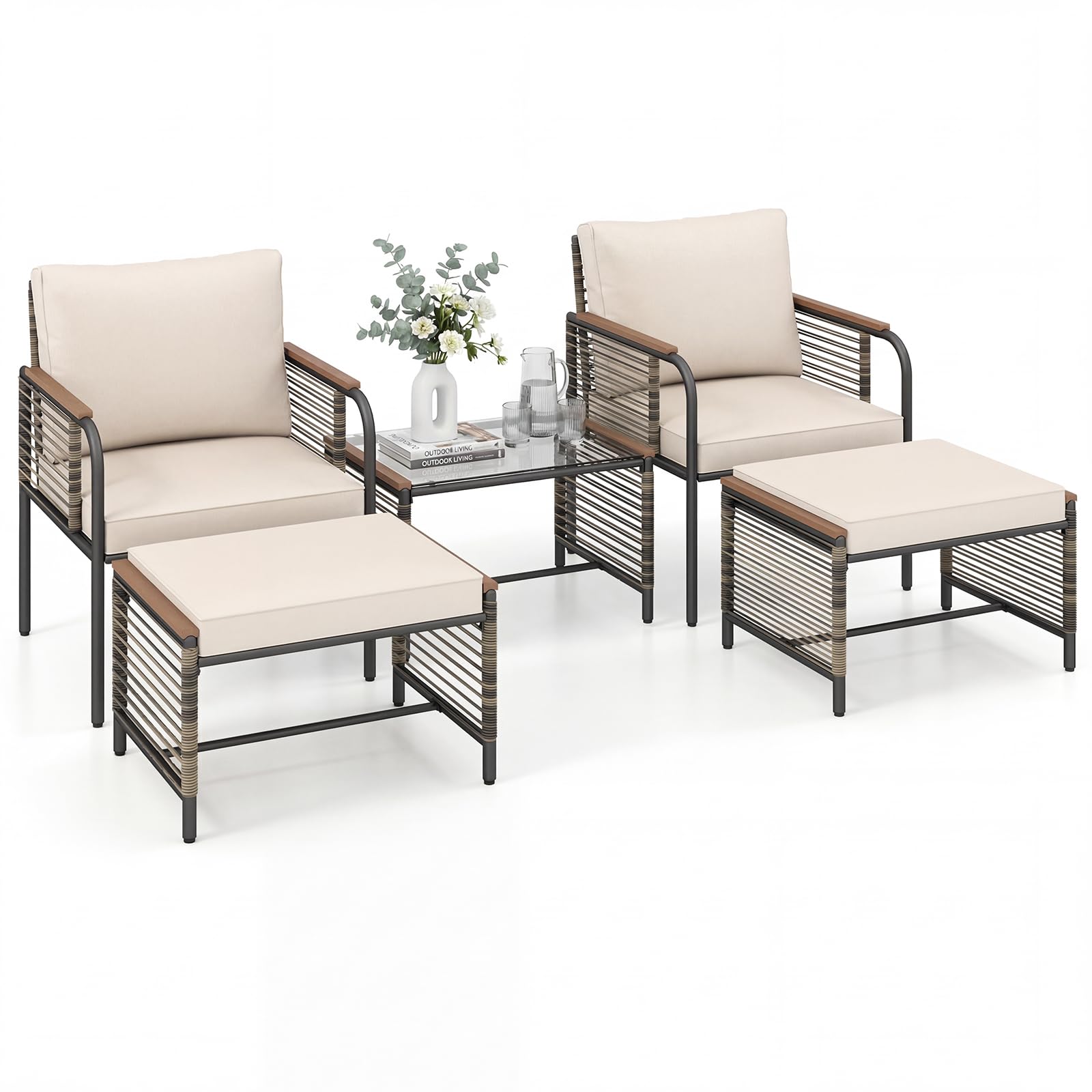 LIFEZEAL Set di Mobili da Giardino in Rattan 5 Pezzi, Arredamento per Balcone con Cuscino e Tavolino, Set di Sedute con Poltrone, Pouf, per Terrazza, Balcone, Giardino (Beige, 5 Pezzi)