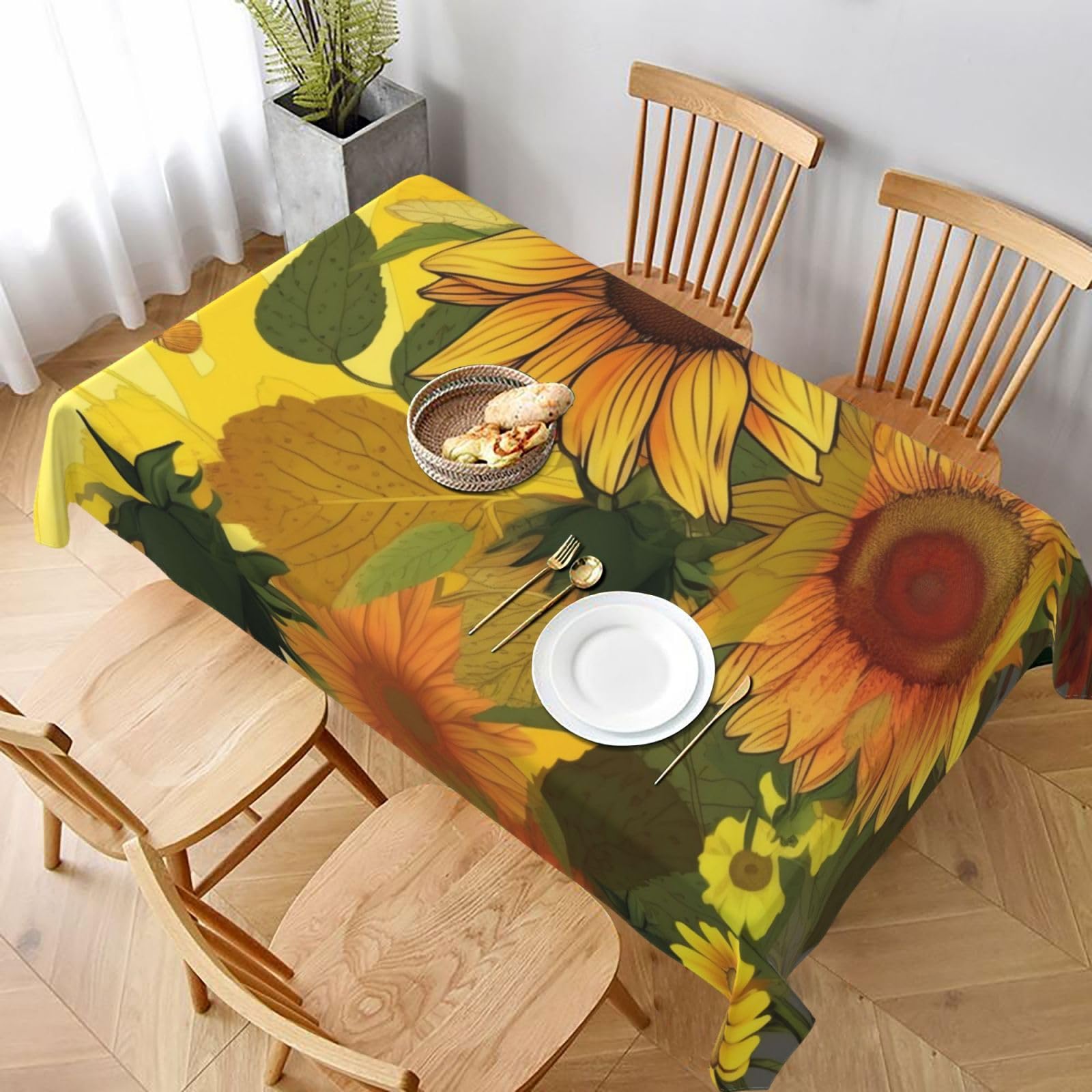 WPKJU Yellow Sunflowers Printed Tablecloth 60x90 in Water Resistant Table Cover Washable Rectangle Table Cloth for Dining Tables