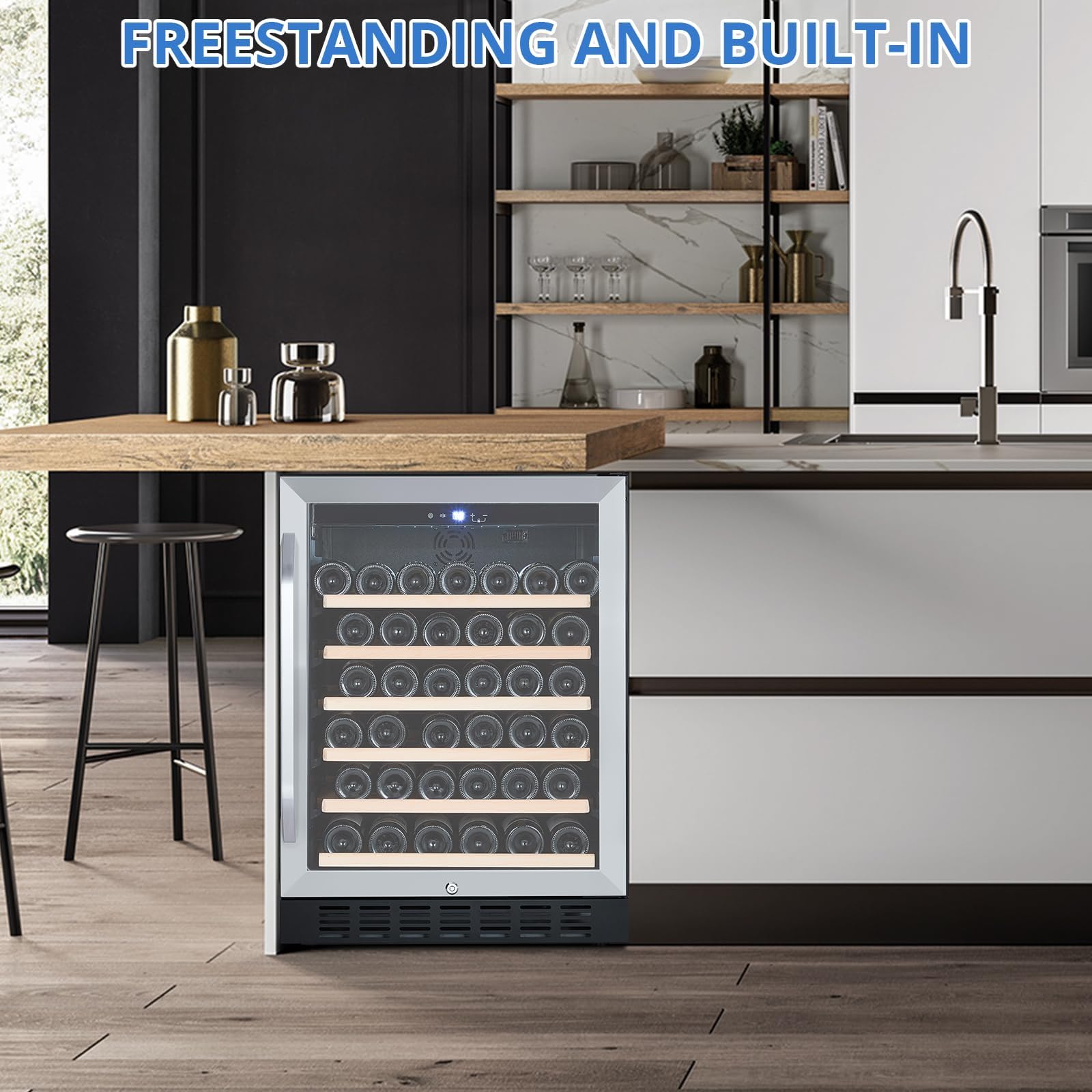 24'' Wine Fridge Cooler Refrigerator - 46 Bottle Dual Zone Capacity, Professional Compressor Cooling, Stainless Steel & Tempered Glass Door with Safety Lock, Built-in or Freestanding for Home Kitchen on Fridge.com
