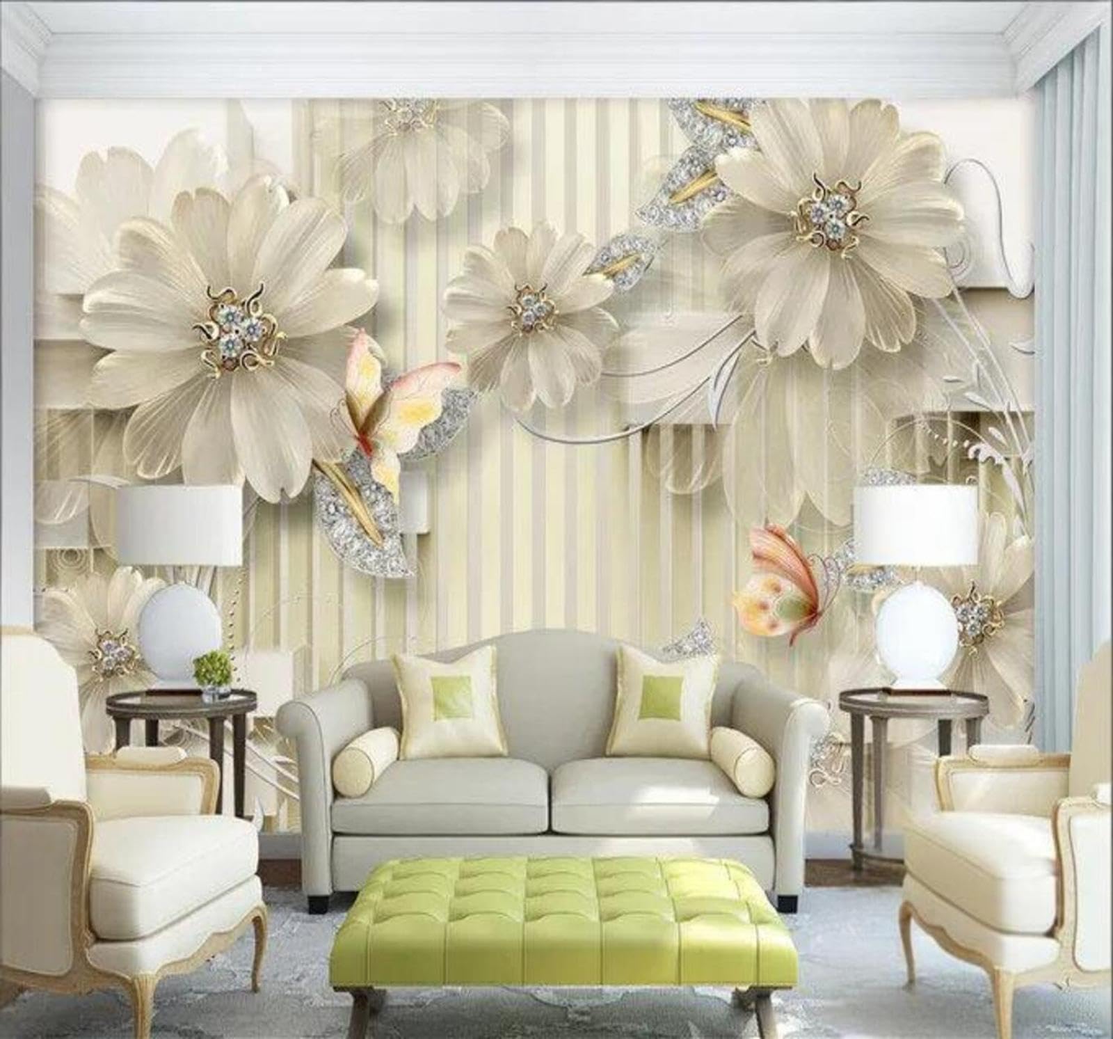 Wallpaper-3D-Xlm 250Cm×170Cm(B×H) Beautiful Exquisite Crystal Flowers Butterflies 3D Wallpaper Easy Install Feature Office Living Room Sofa Bedroom Tv Background Wall Decoration-250Cm×170Cm