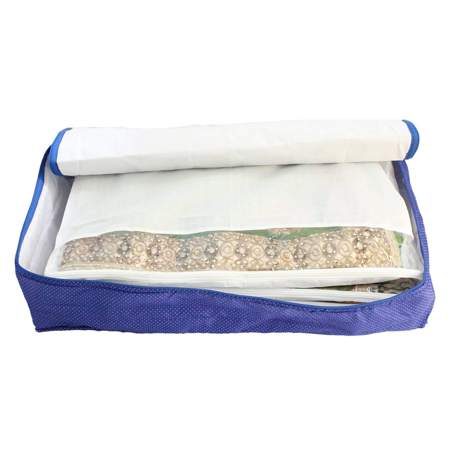 BAGZEE Saree Bag in Cotton Fabric with 12 Flaps ONE Bag for 12 Sarees (Blue)