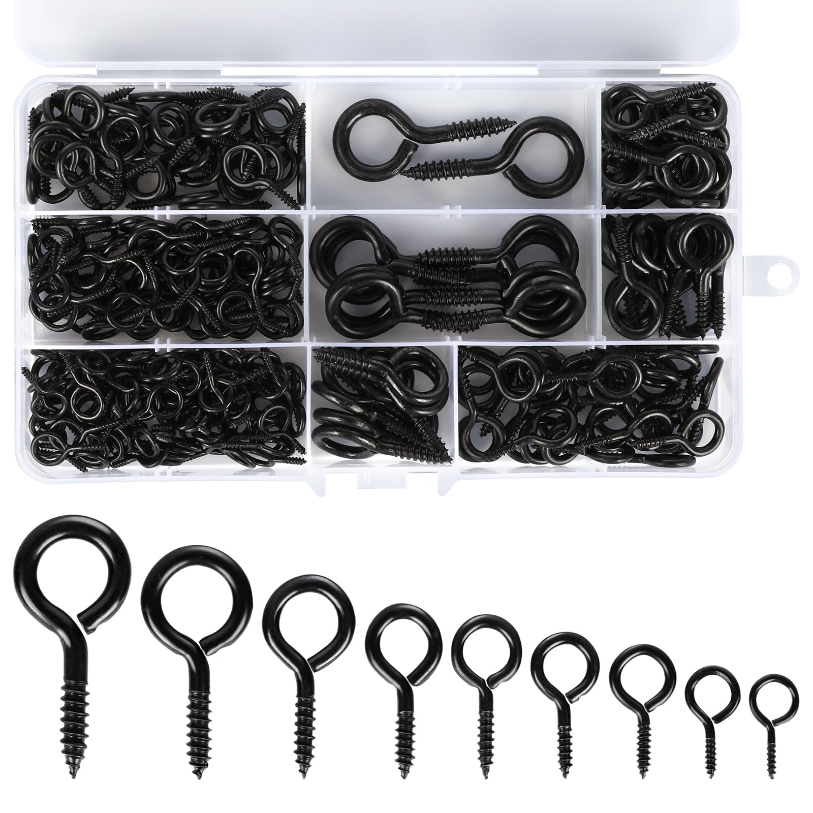 Famcuche Black 270 Pcs Eye Hooks, 9 Sizes Heavy Duty Vine Eyes, Eyelet Screws With Clear Storage Box, Self Tapping Screw Hooks For Hanging Diy Craft, Securing Cables Wires, Hanging Lights, Indoor Outdoor (Black)