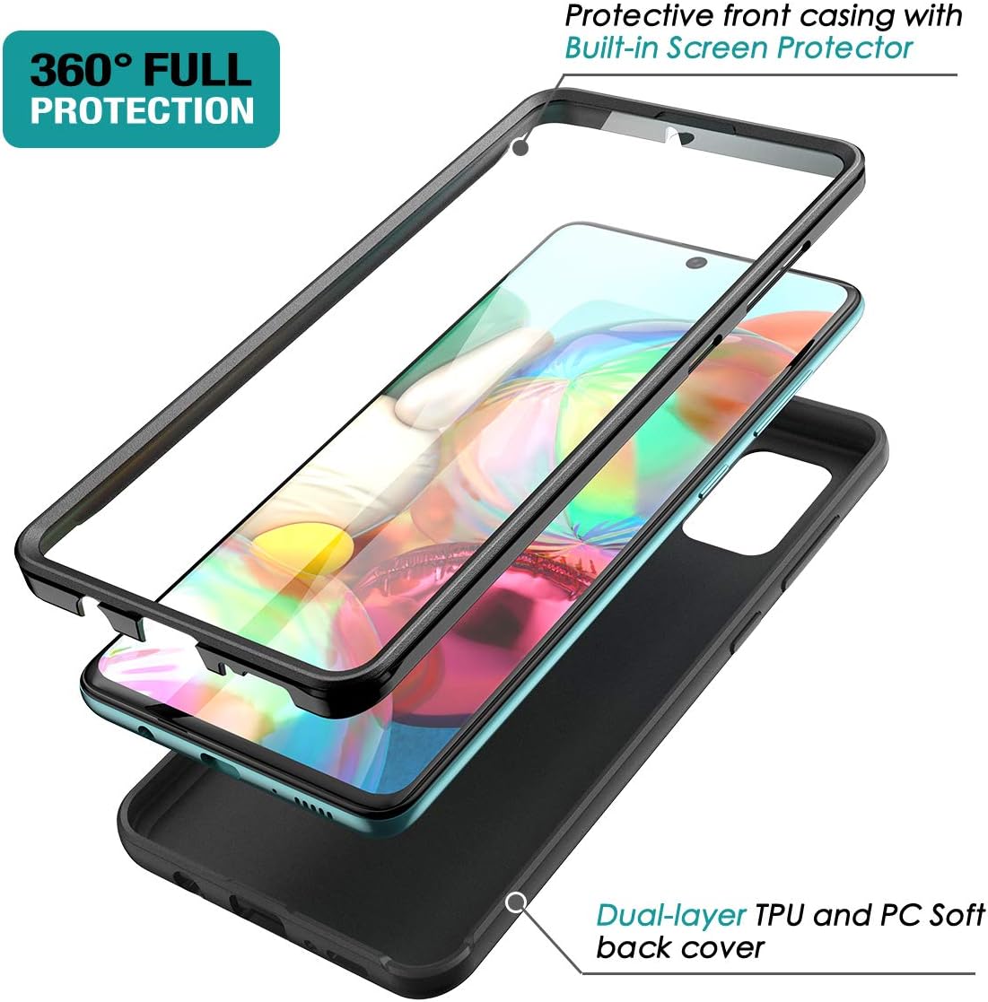 SURITCH Phone Case for Samsung Galaxy A71 4G ONLY, Built in Screen Protector Full Body Protection Soft TPU Cover Hybrid Bumper Shockproof Protective Cover for Galaxy A71 4G 6.7"(Black)