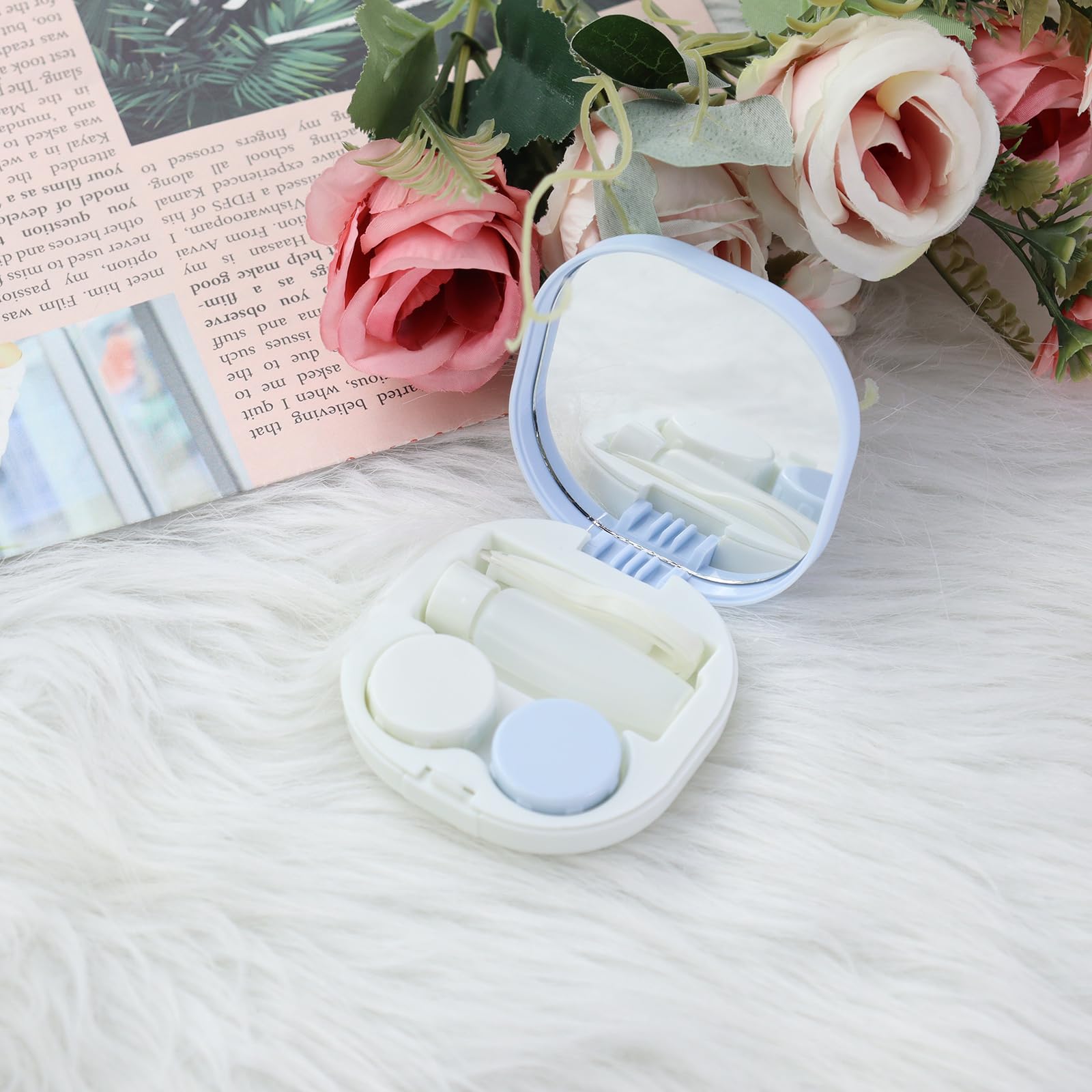 Cute Contact Lens Case, Colorful Convenient Travel Contact Case with Mirror, Portable Mini Contacts Lens Storage Box with Remover Tool Kit and Solution Bottle for Travel, Daily Use (Blue)