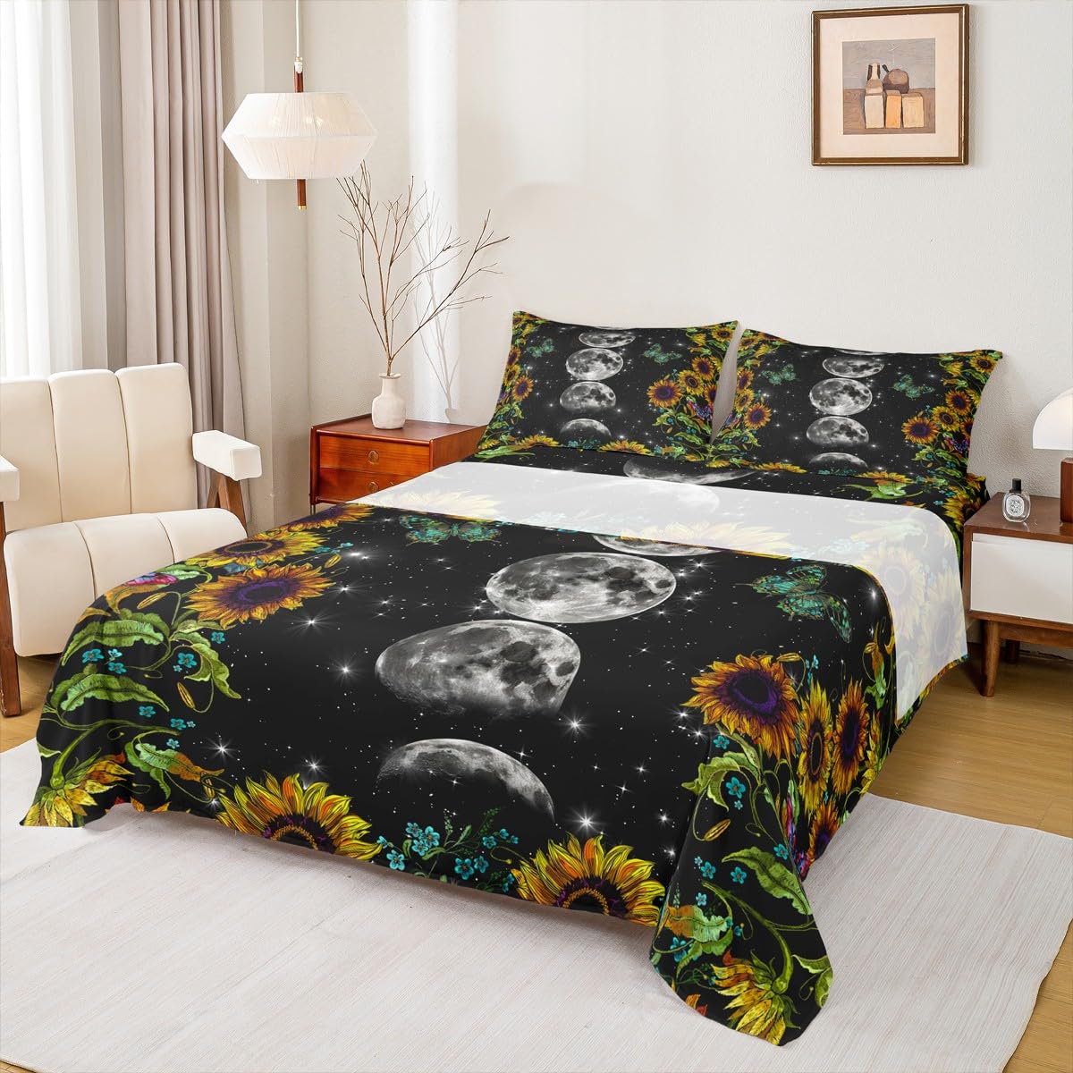 Parure de lit motif ciel étoilé pour grand lit, drap-housse poches profondes