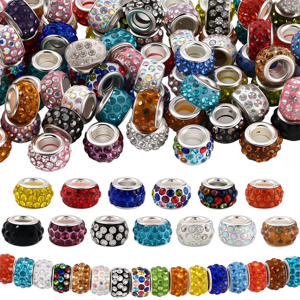 PONABEADIY 1 Box 12MM 80PCS Large Hole Rhinestone Spacer Beads Sparkly Big Holes European Rondelle Colourful Charms Loose Bead Bulk for Jewellery Making Bracelets Beadable Pens Hair Braids DIY Crafts