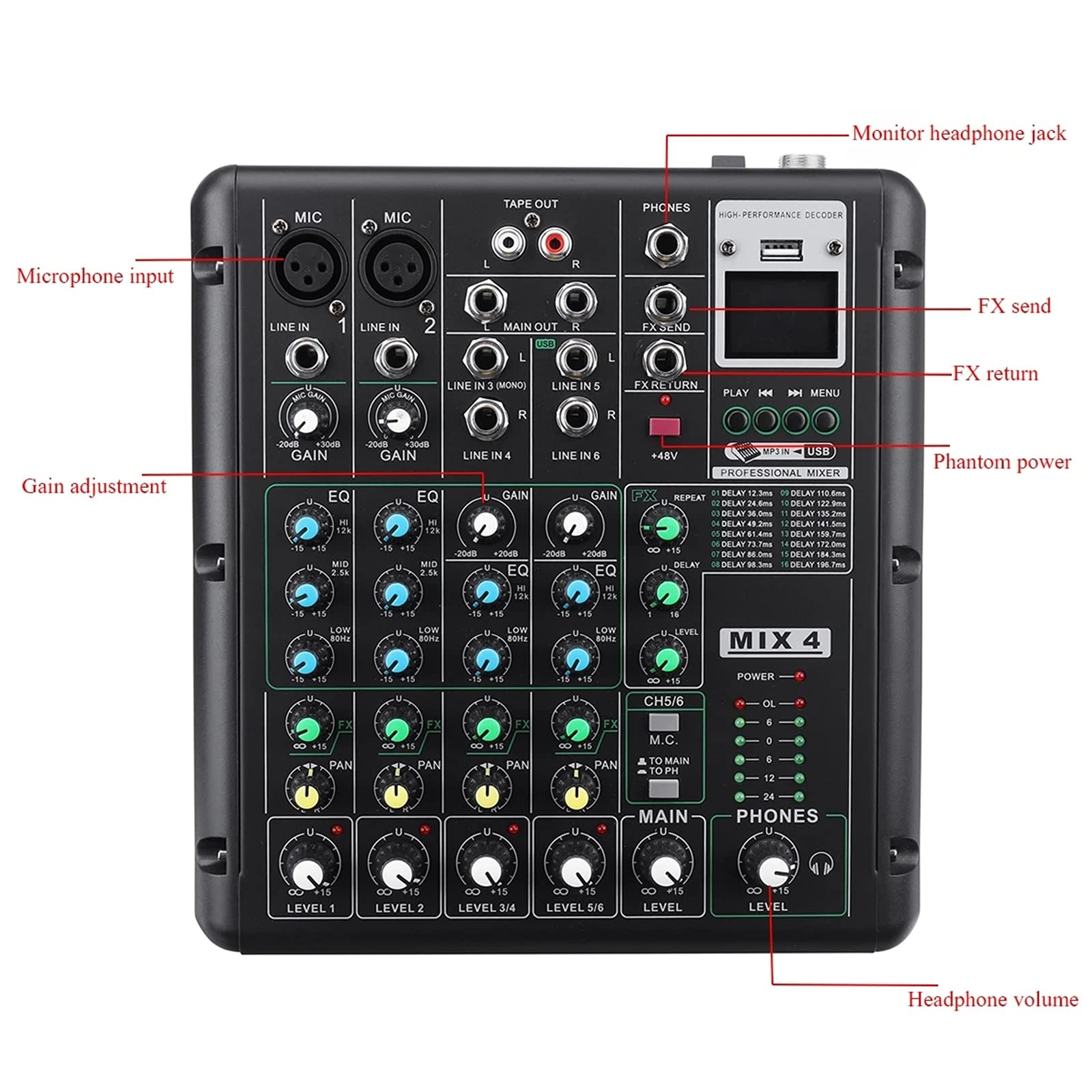 オーディオミキサー 6チャンネル DJ USB Bluetooth Amazon | オーディオミキサー 6チャンネルBluetooth DJ HDマイク