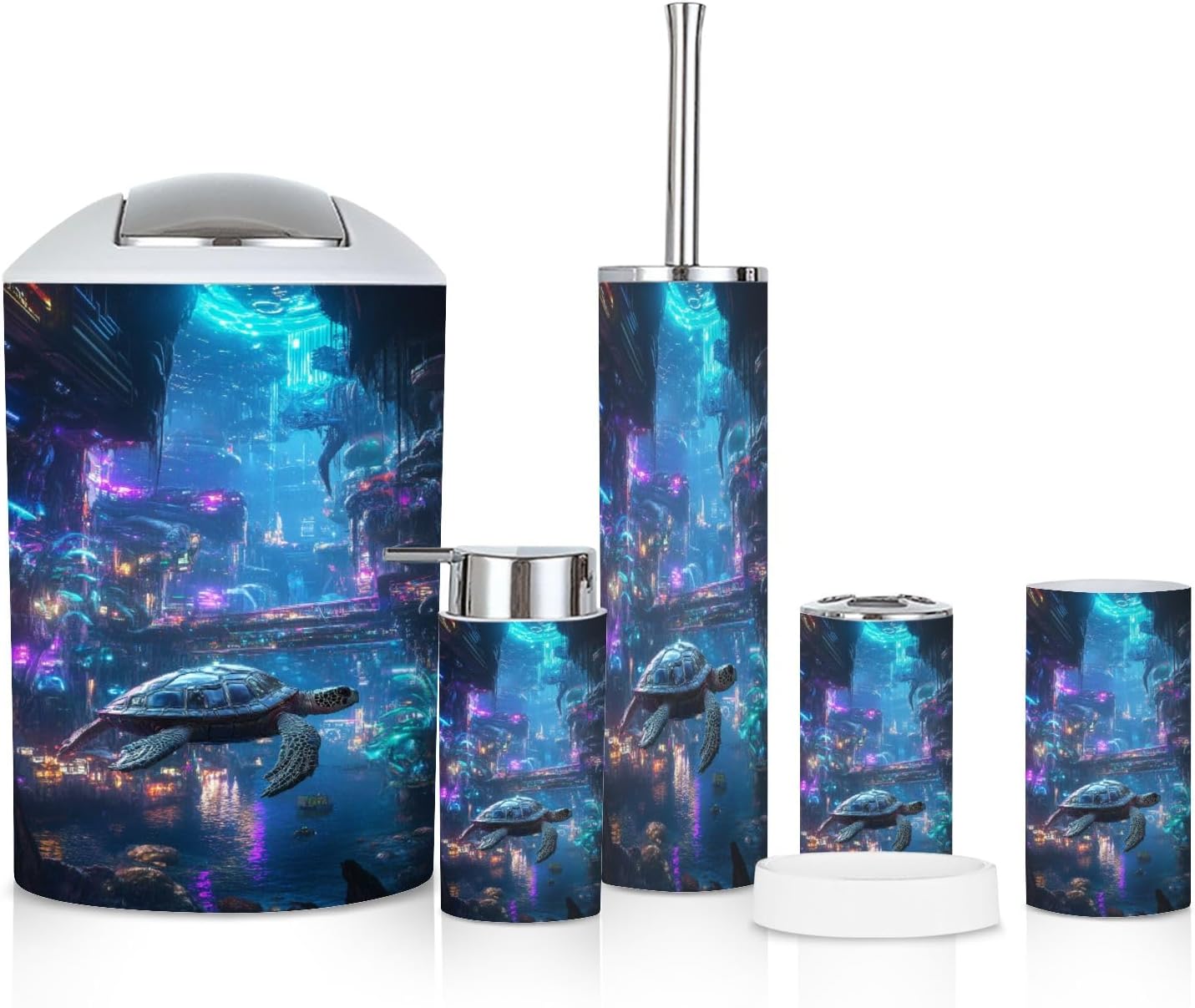 6 Piece Bathroom Accessories Set Robotic Sea Turtle Exploring Ocean Bioluminescent Plants Trash can Toilet Brush Holder Toothbrush Holder Toothbrush Cup Soap Dispenser Soap Dish for Home