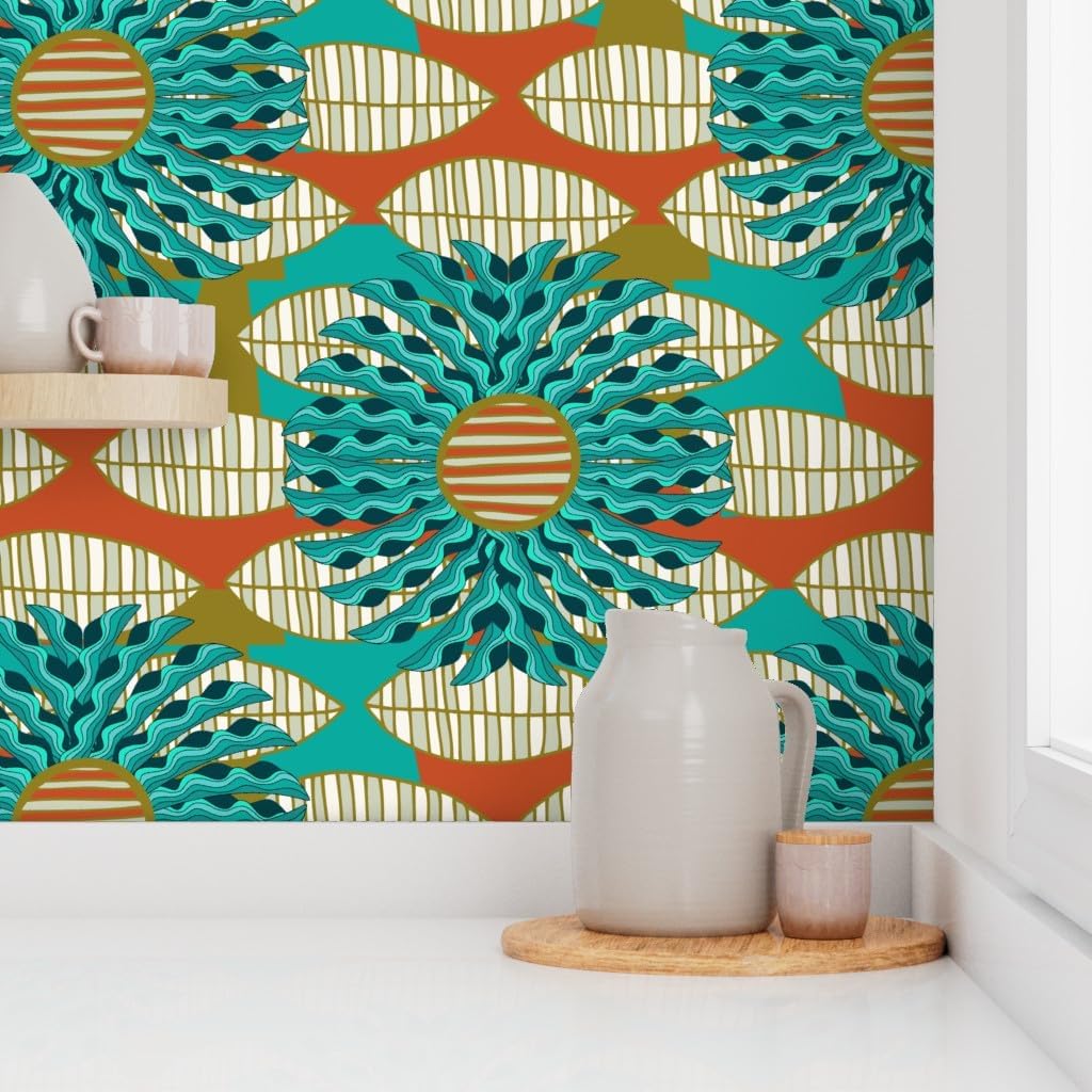 Peel & Stick Wallpaper 3ft x 2ft - African Leaf Mandala Print Turquoise Red Leaves Large Art Abstract Floral Nature Botanical Ethnic Custom Removable Wallpaper by Spoonflower
