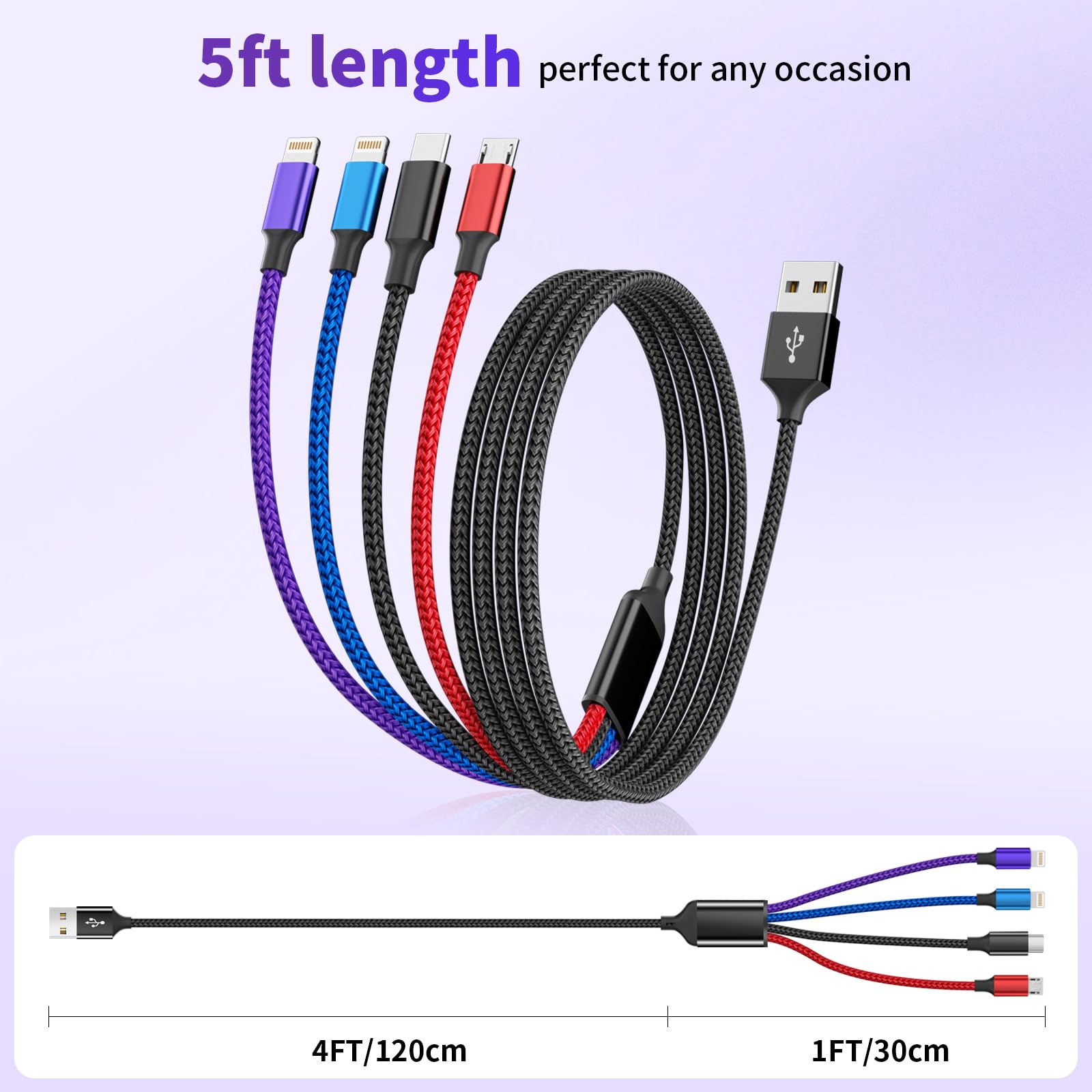 Doppio cavo di ricarica IP 4 in 1 multi [1 confezione da 1,5 m), cavo di ricarica 4 in 1 in nylon, caricabatterie multi per tutti i dispositivi con porta IP/tipo C/tipo C/micro, compatibile con la