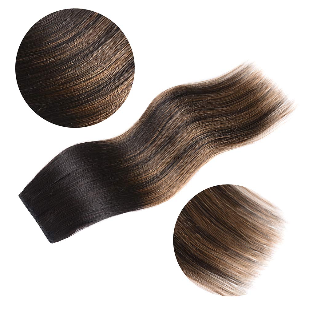 5 Pieces 16" Remy Clip in Hair Extensions Human Hair Natural Black to Chestnut Brown Highlight Black Ombre - Silky Straight Short Thick Real Hair Extensions for Women (16 inches, #(1BT6) P1B, 80grams)