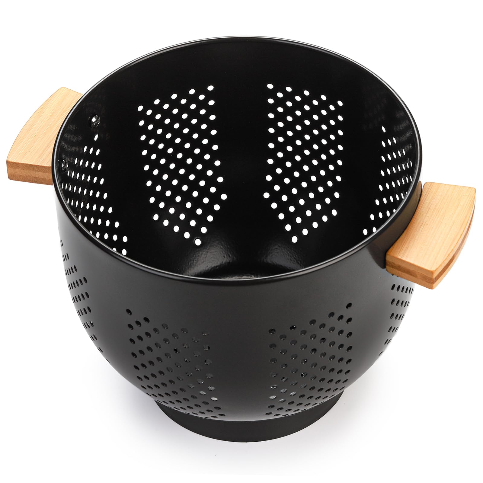 Colador de metal grande con mango de madera, colador negro profundo para pasta, frutas, drenaje de cocina, almacenamiento 4