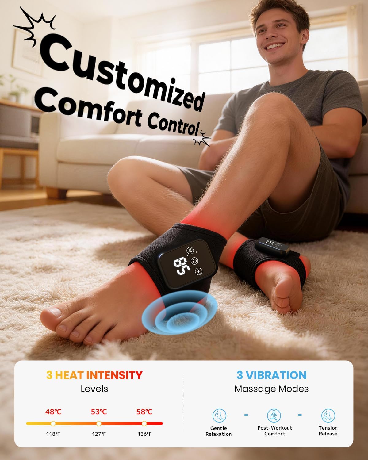 Foot Renew Triple Method Massager, 3 in 1 Cordless & Portable Foot and Ankle Massager with 3 Vibration Modes & 3 Heat Levels, for Heel, Arch, and Ankle Comfort & Relief for Home/Office/Travel (2PCS)