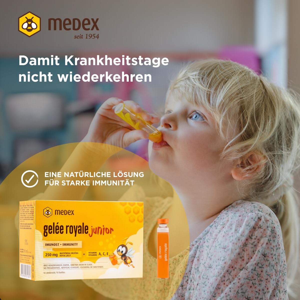Medex Gelée Royale JUNIOR, frisches Gelee Royal 250 mg, mit natürlichen Vitaminen A, C, E, ausgezeichneter Geschmack, ohne Süßstoffe, für Kinder ab 3+, Flüssigkeit in Ampullen 10 x 9 ml