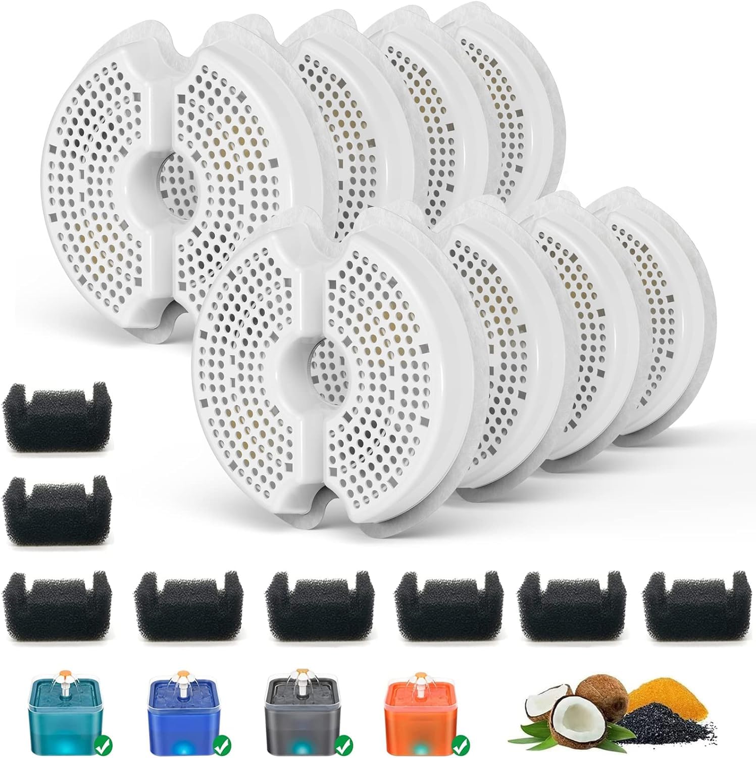 SAMANIJA Paquete de 8 filtros de fuente de agua para gatos con esponjas de prefiltro, compatibles con Wonder Creature, fuentes iPettie AONBOY de 64 onzas/2 L