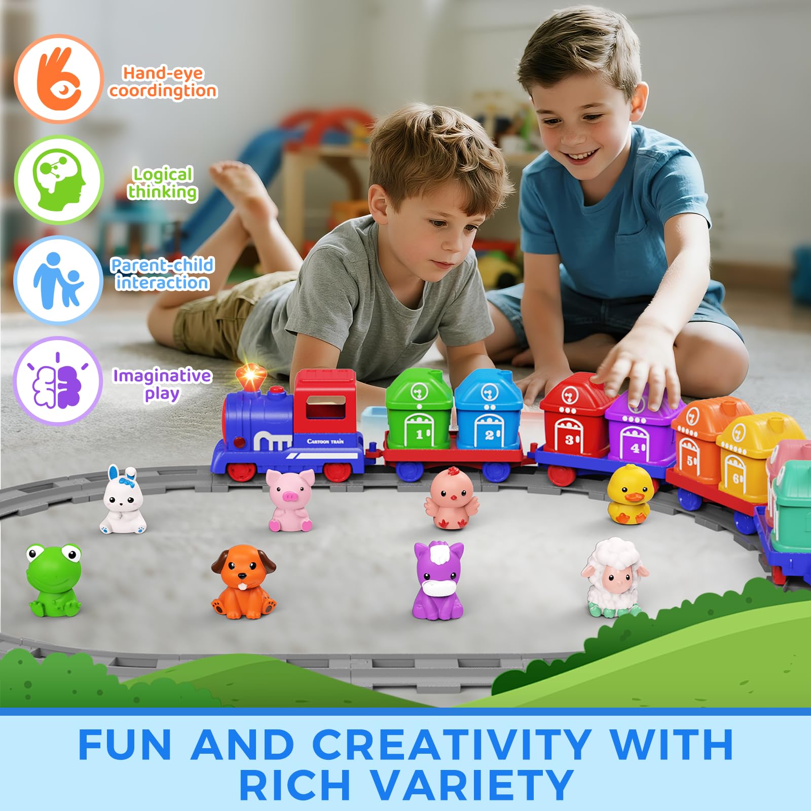 Juego de trenes para niños pequeños de 1, 2, 3, 4 años, juego de tren eléctrico Montessori con actividades de conteo de emparejamiento y clasificación con animales de granja, marionetas de dedo 4