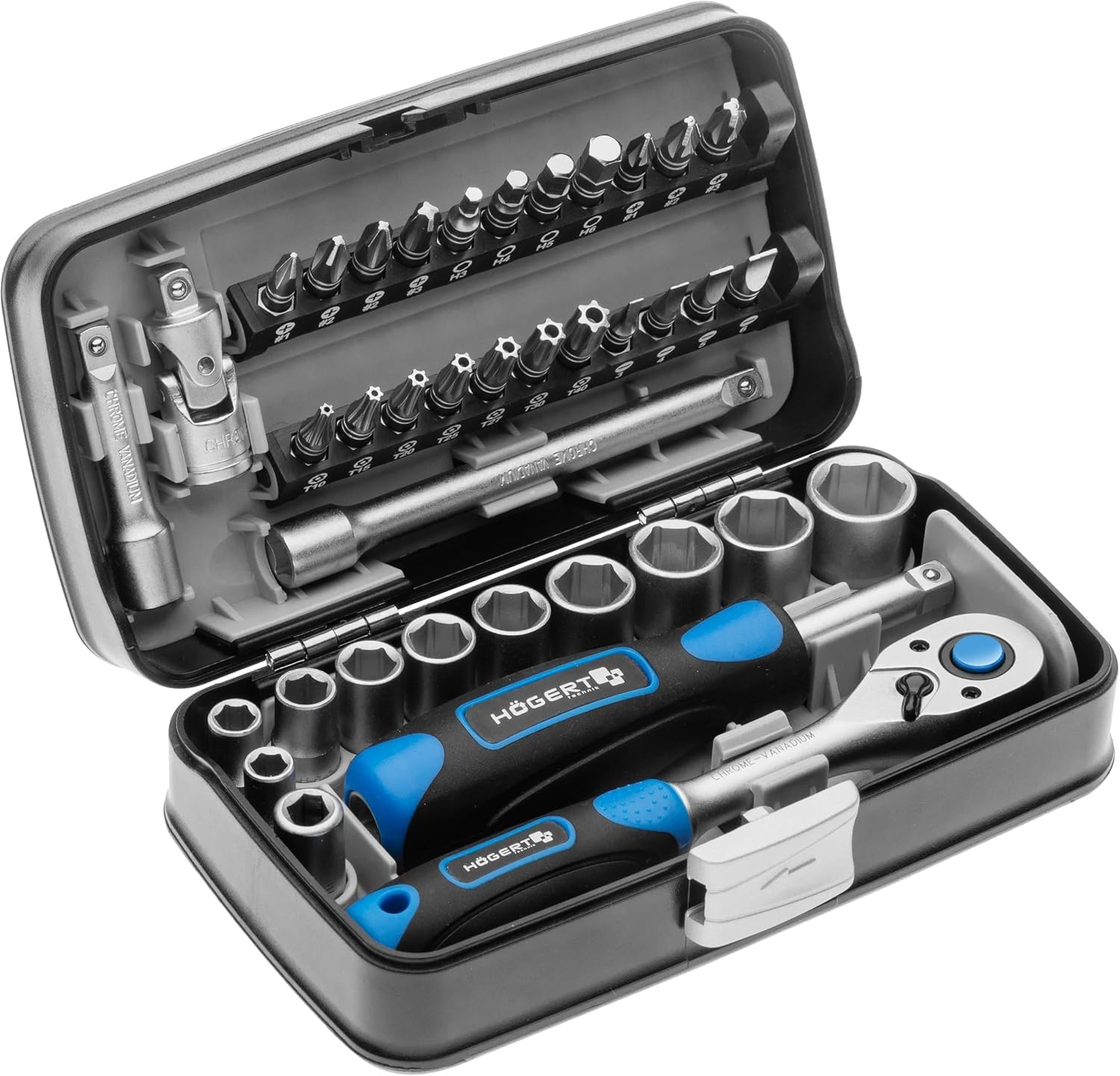 Högert Technik - Tool Set I Socket Wrench, bits and Equipment 1/4 inch I Alloy Chrome Vanadium Steel I Drop Forged I Ratchet Mechanism with 72 Locking Locks I HT1R462-38 Pieces