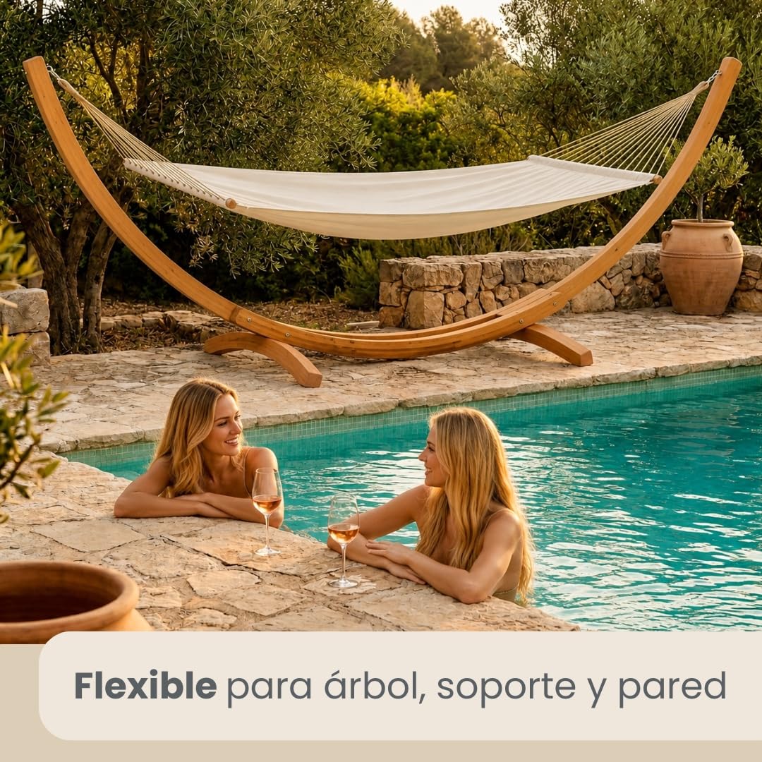 AMANKA XXL Hamaca con Barra Separadora 200x120 cm Beige - Colgante Doble 2 Personas 150kg - Algodón Resistente Exterior & Interior - Balcón Jardín Terraza Campings - 100% Puro Transpirable Natural