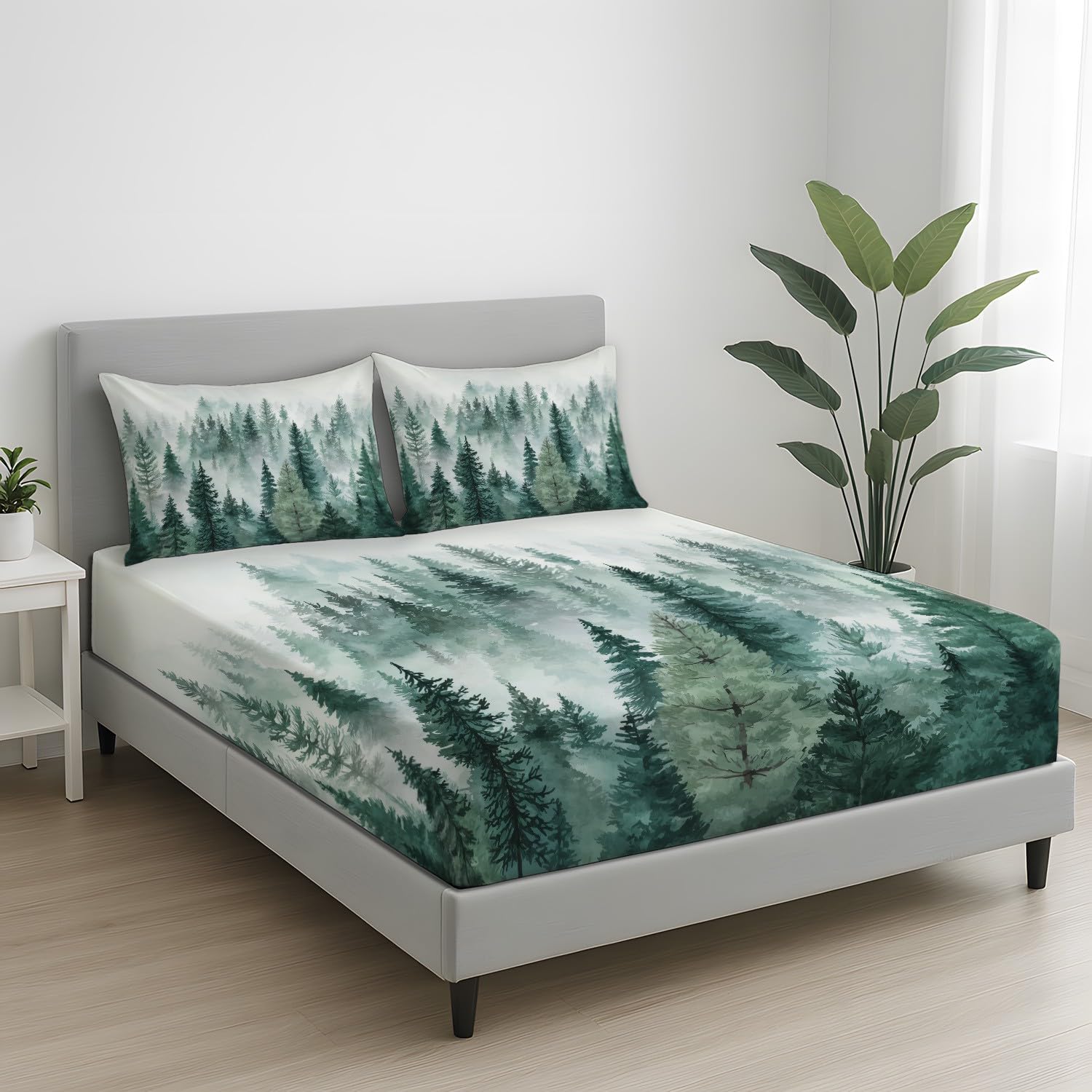 Mystique Forest Prześcieradło z gumką 140 x 200 cm Czapki 30 cm, Serein Spin Jodła Mgła dla dzieci nastolatków dorosłych, miękkie prześcieradło z mikrofibry, oddychający pokrowiec na materac