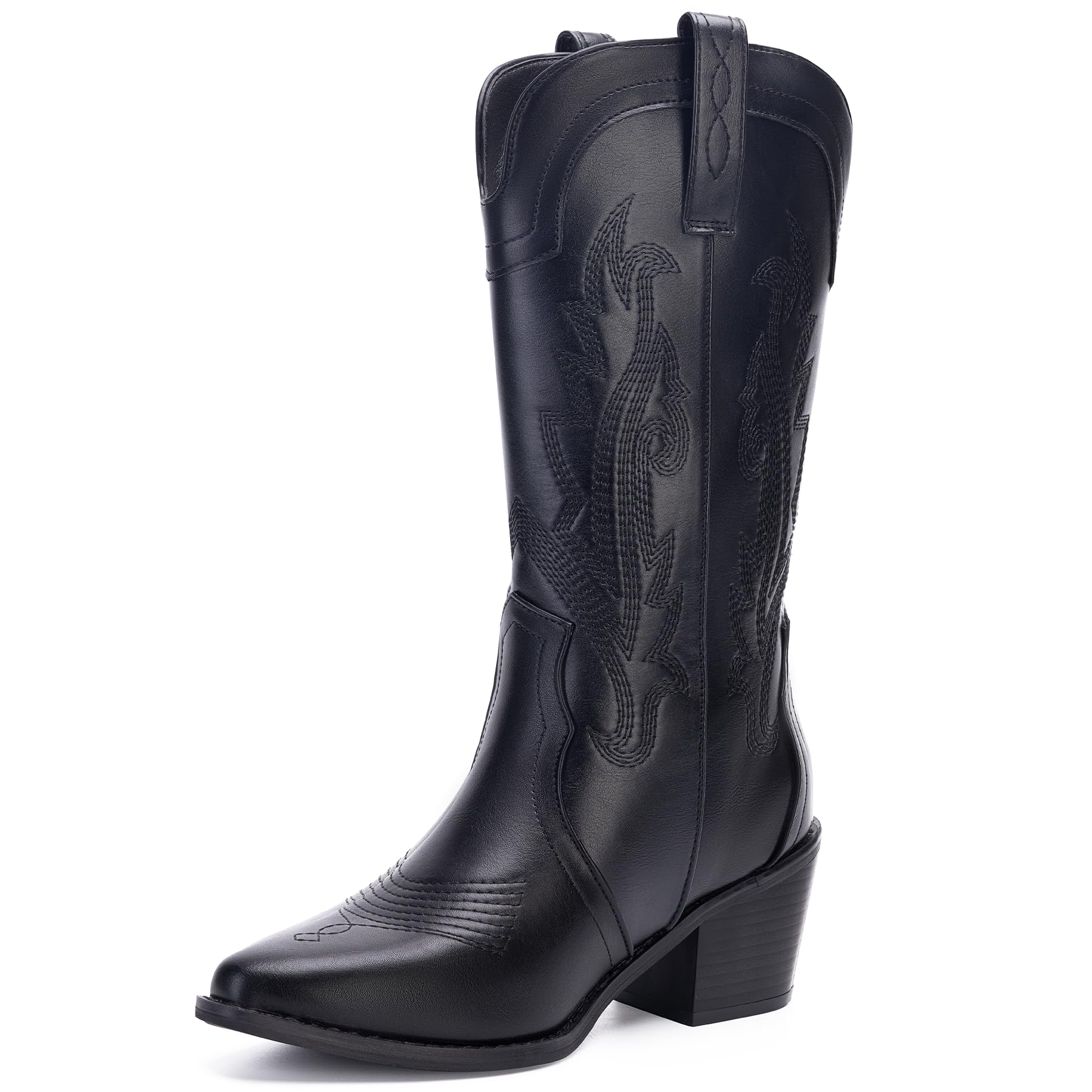 Solestique Women's Cowboy Boots Pointed Toe Western Boots Embroidered Mid-Calf Chunky Block Heel Cowgirl Boots