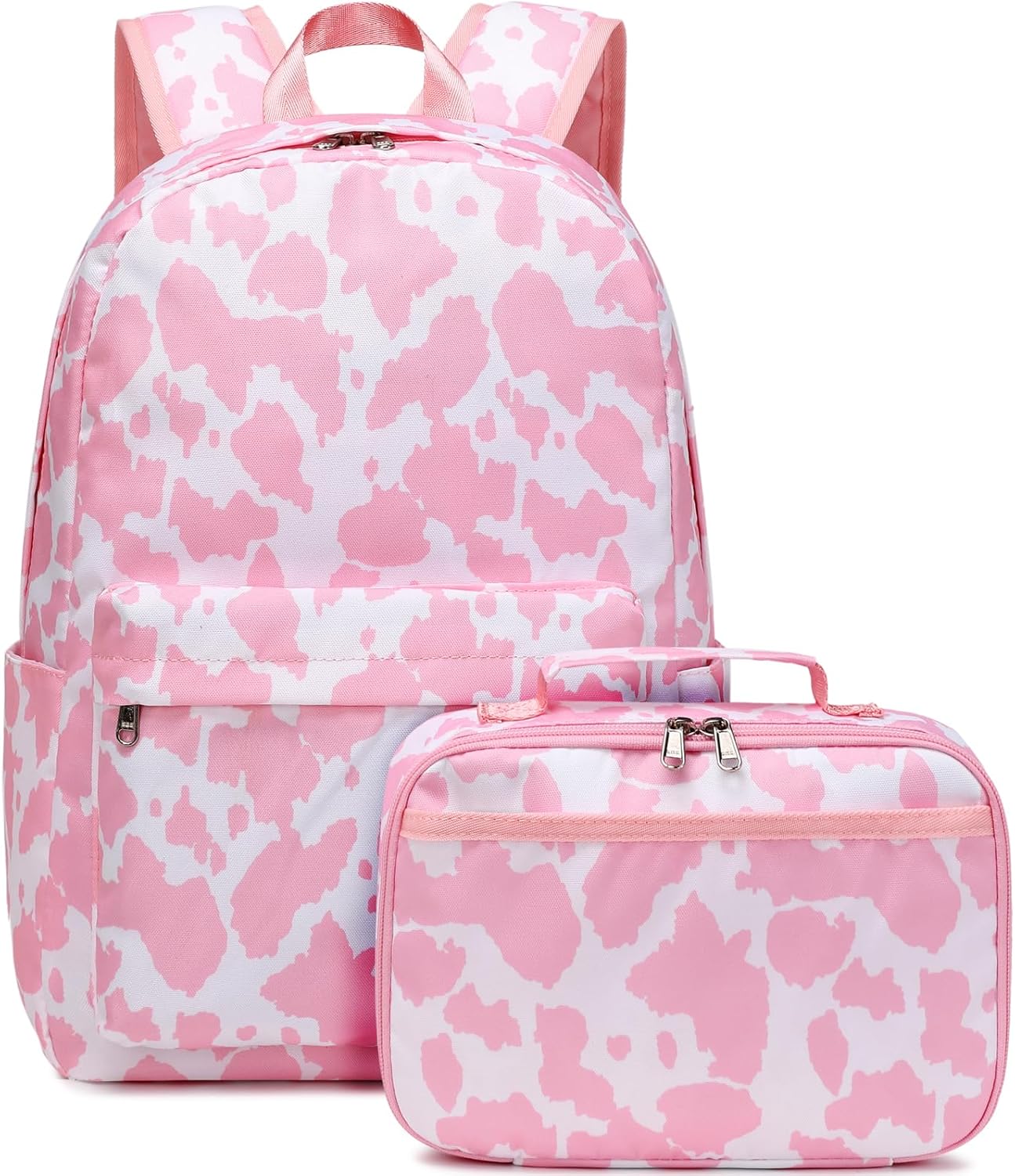JIANYA Girls Backpack for School, Kids Elementary School Backpacks Water Resistant Pink Cow Print Backpack for Girls with Lunch Box