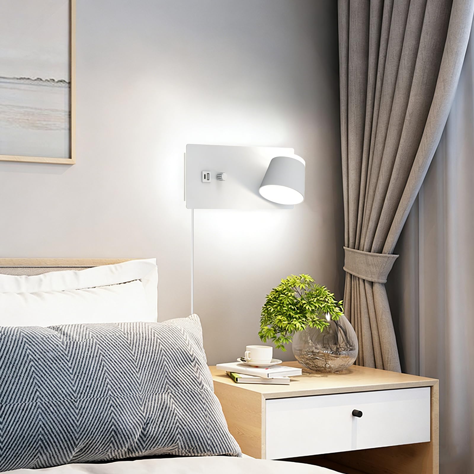 Sytmhoe 25W Dimmbar Wandleuchte Bett mit Stecker Kabel USB-C 3CCT 2 Stück | Matt weiß 2000LM 3000 K 4500 K 6000 K umschaltbar arbeitszimmer Leselicht wandlampe leselampe, steckfertig, mit sanftes licht
