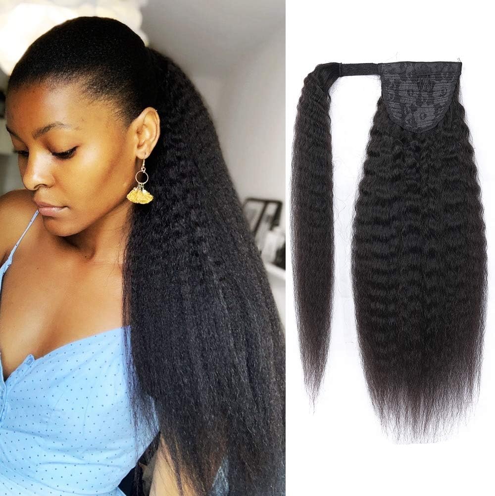 Strap Wrap Around Yaki Ponytail Human Hair Extensions, 100% Unprocessed Brazilian Virgin Hair Ponytails, Magic Paste with Comb Clip in Long Kinky Straight Pony Tail (18", Kinky Straight)