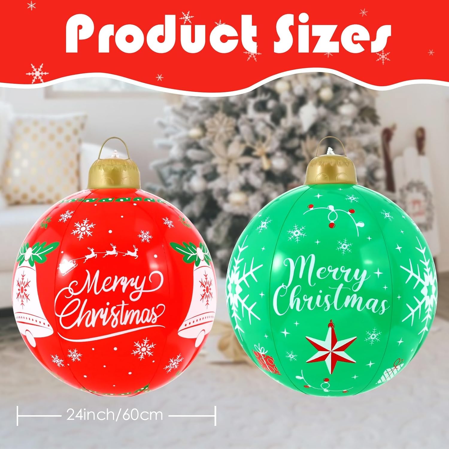 WENNSAI 2PCS Light Up Inflatable Christmas Balls 24'' Large PVC Blow Up Holiday Decorations with LED Lights & Remote Outdoor Yard, Lawn, Tree, Pool Ornaments for Xmas - Image 2