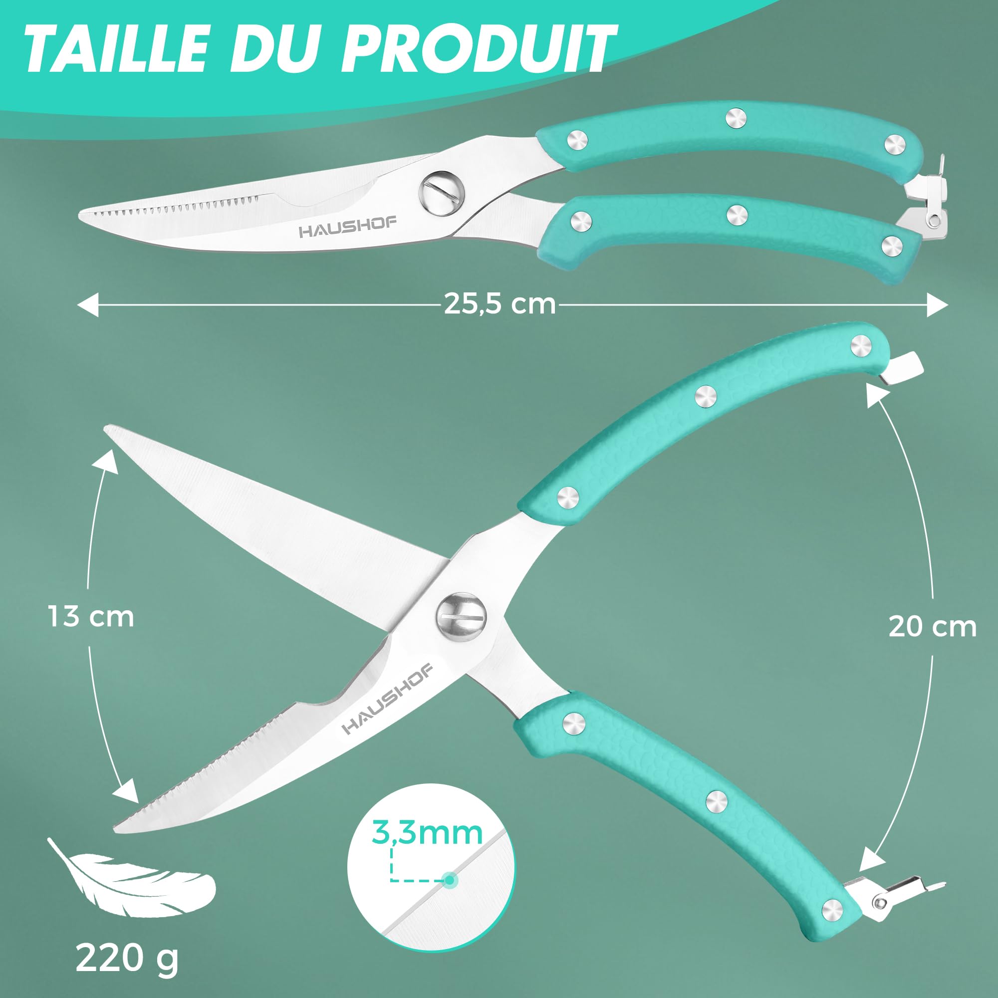 HAUSHOF Ciseaux à Volaille Robustes 255 mm, Ciseaux de Cuisine Professionnels en Acier Inoxydable Robustes et Tranchants pour Poulet, Viande, Poisson, Os et Légumes