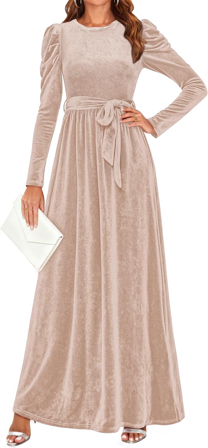 ZESICA Women's Velvet Maxi Dress Fall 2025 Long Puff Sleeve Crew Neck Elastic High Waist Cocktail Party Bridesmaid Dresses