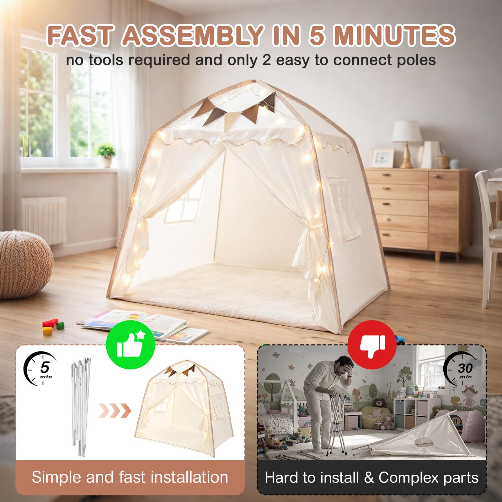 Tente Enfant, Cabane Enfant Intérieur avec Lumières et Drapeaux Tente de Jeu pour Enfants Princesse Tipi Cadeaux d'Anniversaire et de la Fête des Enfants Garçons Filles Décoration de Chambre d'Enfants