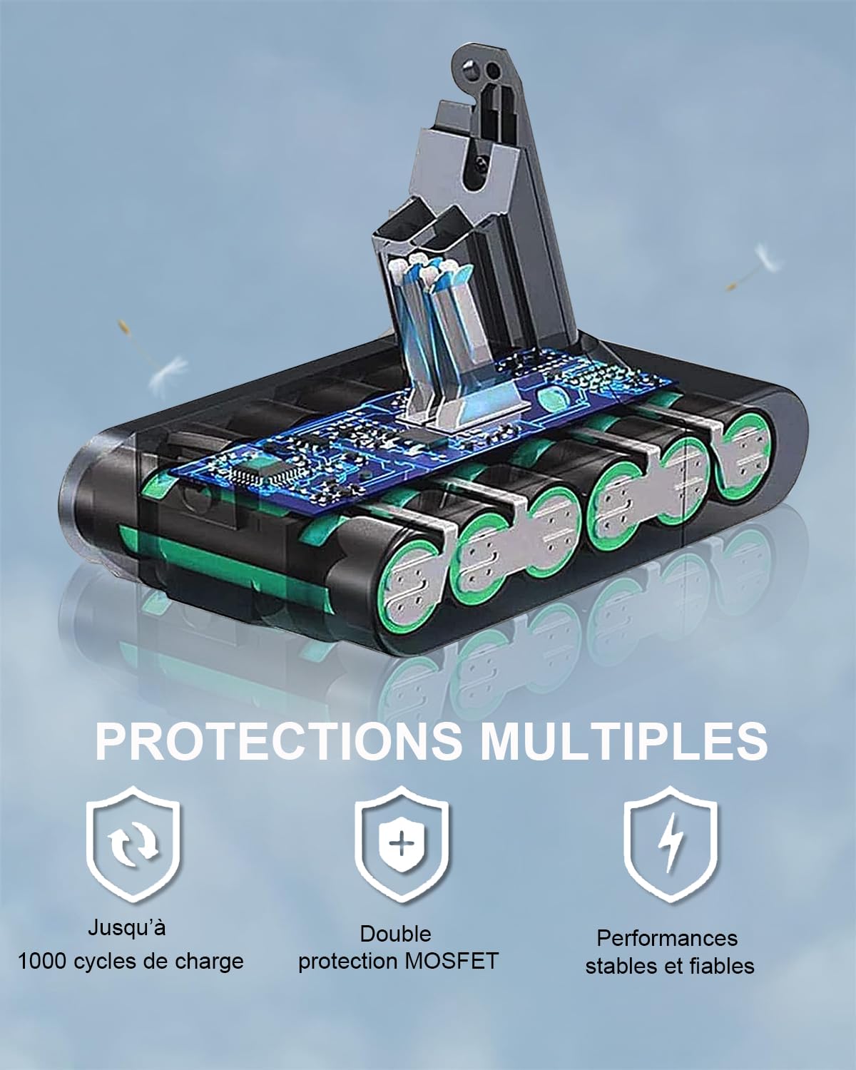 Waitley Batterie pour Dyson V6 6000mAh, sans Vis, 2 Filtres Lavables | Pour Dyson V6 DC58/DC59/DC61/DC62/SV03/SV09; batterie Li-ion 6000mAh à fixation par boucle avec 2 préfiltres