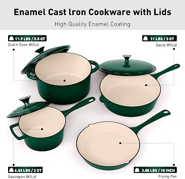 Kitchen Academy, Enameled Cast Iron Cookware Set, 7 Piece Set of Dutch Ovens, Sauce Pan, Skillet, 3 Lids, Dutch Oven Set, Pots and Pans Set Nonstick (Green)