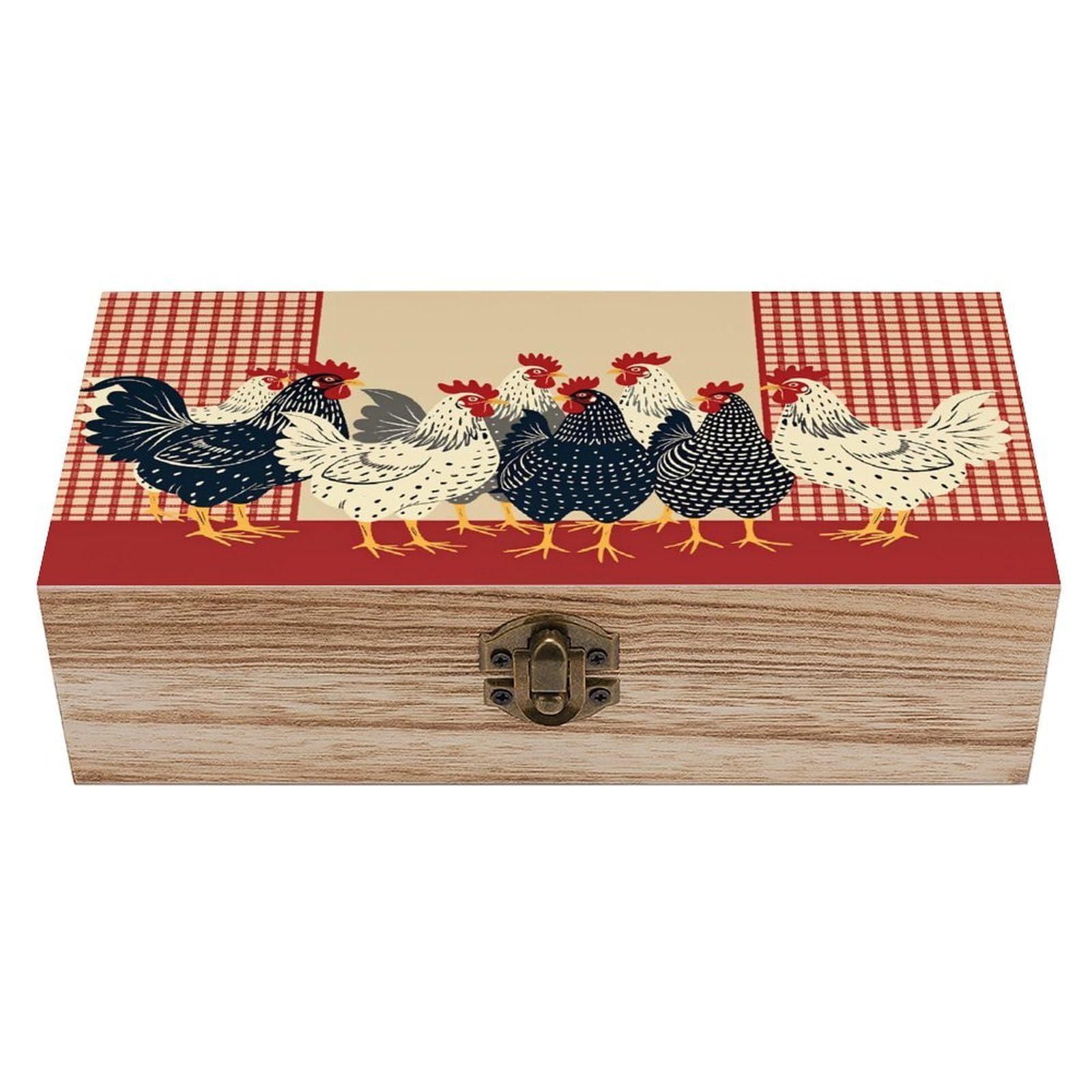 HLBSDM Chicken Farmhouse Red Checkered Vintage Wooden Keepsake Box with Hinged Lid And Locking Clasp, Decorative Storage Box for Jewelry, Trinkets And Small Accessories, Organizer for Home Or Wedding
