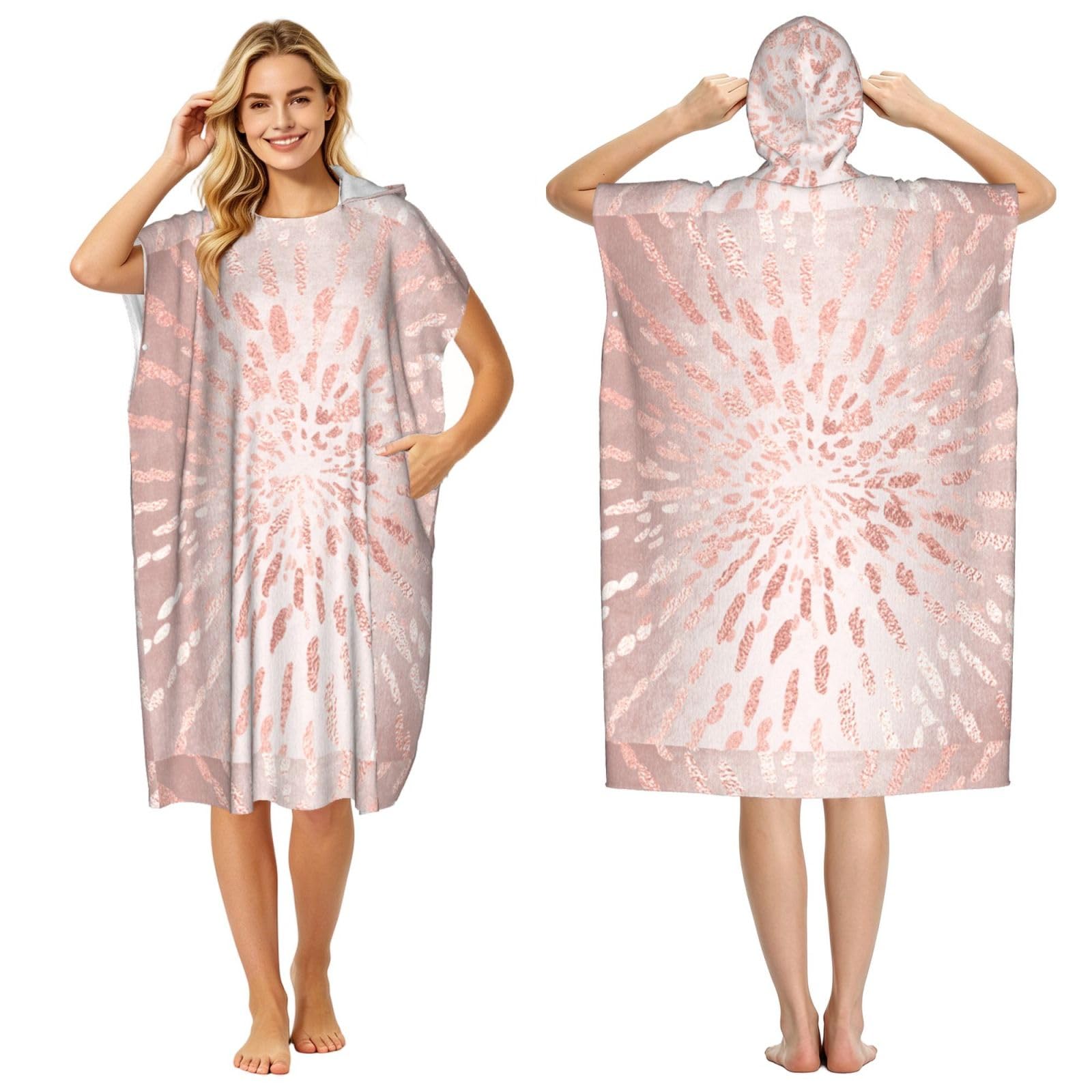 Poadnly Pink Rose Gold Blush Gold Strokes Stripes Shine, Adult Hooded Beach Towel 90 x 110 cm,Changing Bath Robe, Surf Poncho Towel For Women Men