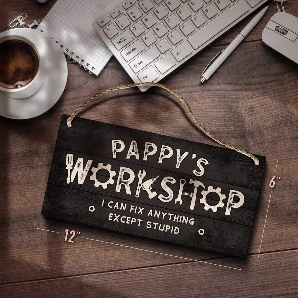 YZEXEZY Pappy Gifts,Pappy's Workshop I Can Fix Anything Except Stupid Sign 6"x12"Grandpa Gifts,Funny Garage Decor Workshop Hanging Wood Signs Gifts for Pappy Dad Grandpa