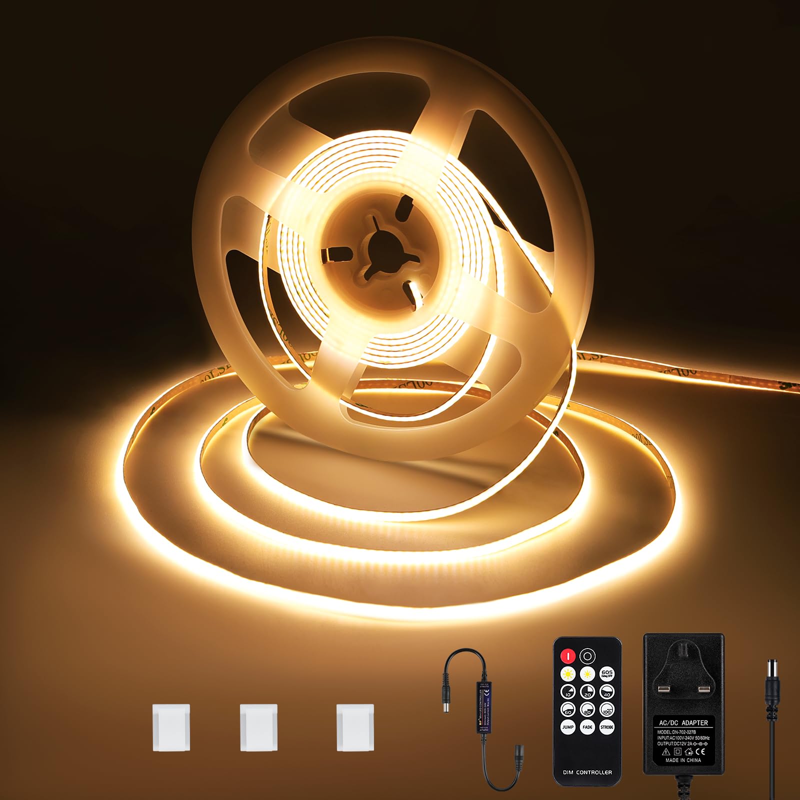 COOLWEST 3mm COB LED Strip Light, 3M Dimmable Super Bright Tape Lights with RF Remote & 12V Power Adapter | 384 LEDs | Warm White Light 3000K | Self-Adhesive Tape for DIY Home Decor Installation