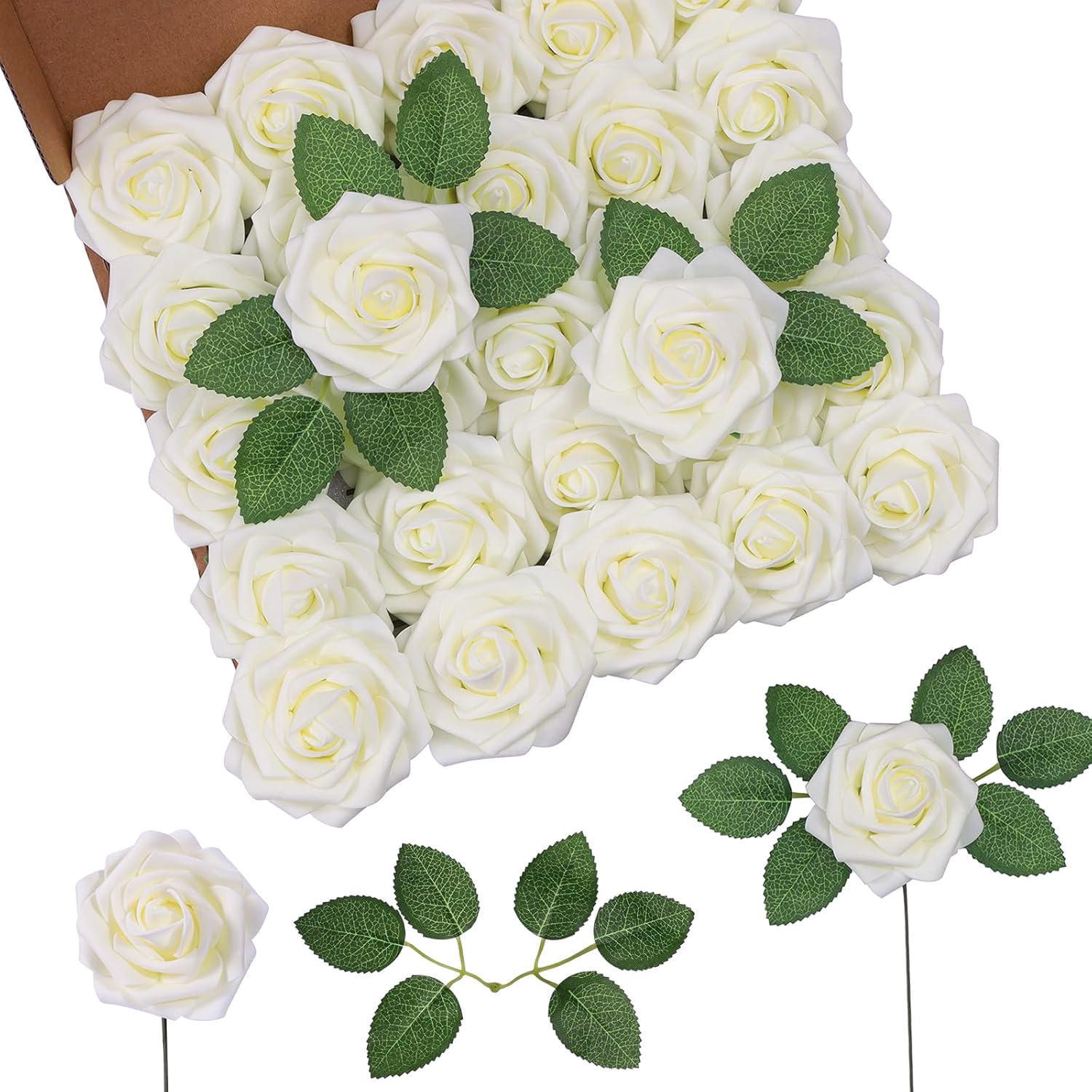 DuHouse 25Pcs Artificial Roses Flowers Fake Roses with Stems Real Touch Foam Flowers for DIY Wedding Bouquet Baby Shower Centerpiece Floral Arrangement Party Home Decor (Cream)
