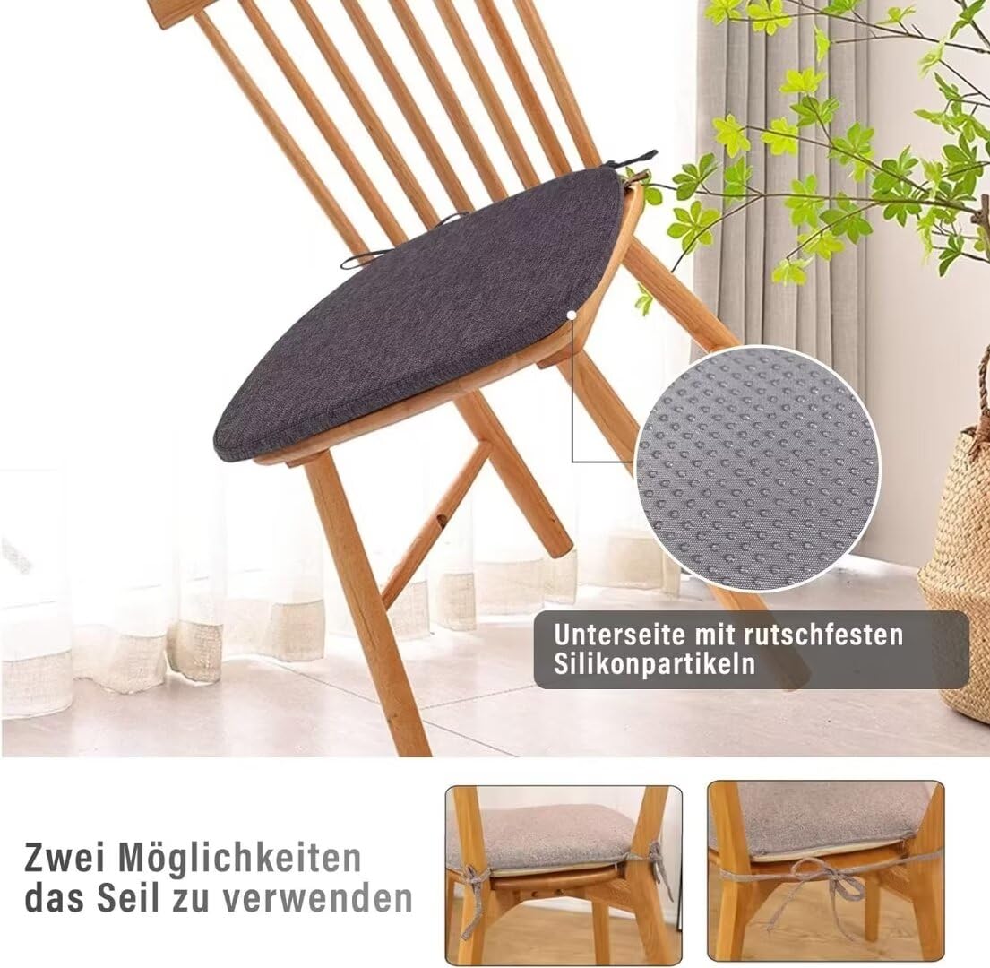 Stoelkussen met banden (43 x 41 cm), zitkussen, antislip, halfrond, voor stoelen in huis en tuin, kantoor, donkergrijs, 2 stuks