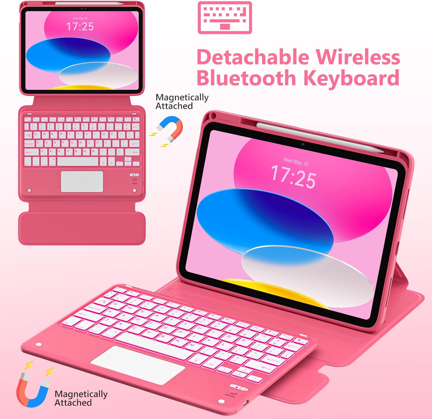 Touchpad for iPad A16 11th/10th Generation Case with Keyboard, 7 Color Backlit 360 Rotation Cover with Pencil Holder,Detachable Keyboard for iPad 11 inch 2025/10th Gen 10.9'' 2022 (Watermelon Red) - Image 6