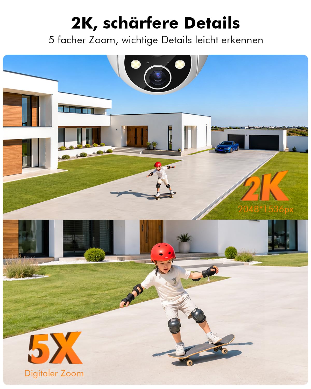 YESKANO 2 K Überwachungskamera, WLAN, für den Außenbereich, kabellos, Solar, 360 °, PTZ, Solarkamera, Akku 2,4 GHz, Nachtsicht, Farbe, PIR-Erkennung, bidirektionales Audio Weiß