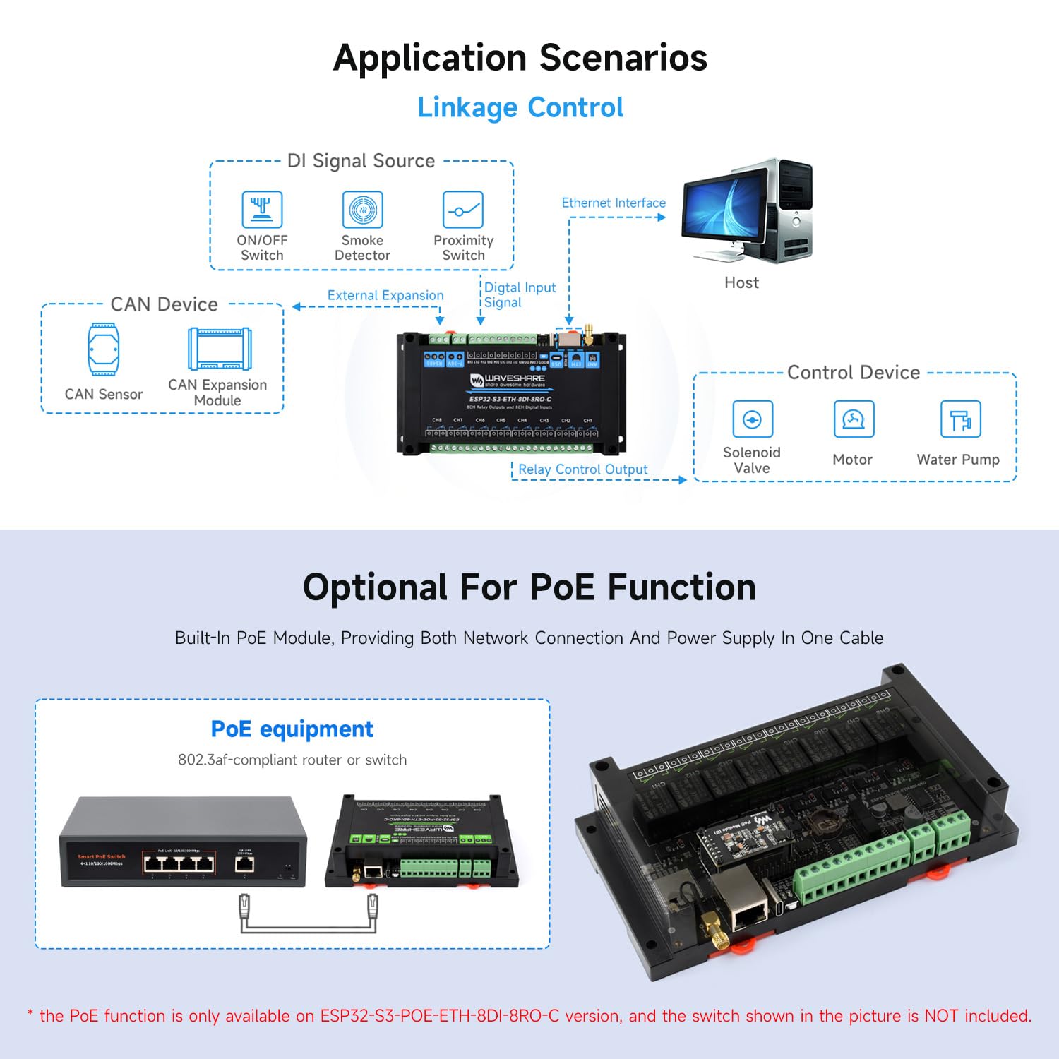 Waveshare ESP32-S3-ETH-8DI-8RO-C(Common Network Port), Industrial 8-Ch ESP32-S3 WiFi Relay Module, Isolated Can Interface, Xtensa 32-bit LX7 2-Core Processor, Up To 240MHz, Multi Isolation Protection